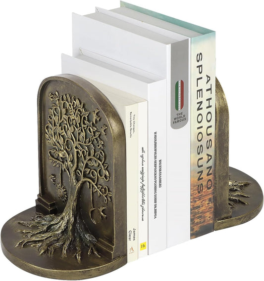 Tree of Life Vintage Heavy Bookends, 2 Unique Bronze Decorative Bookend for Shelves or Bookcase, Anti-Slip Book Shelf Bookends Decorative, Gifts for Mother and Father