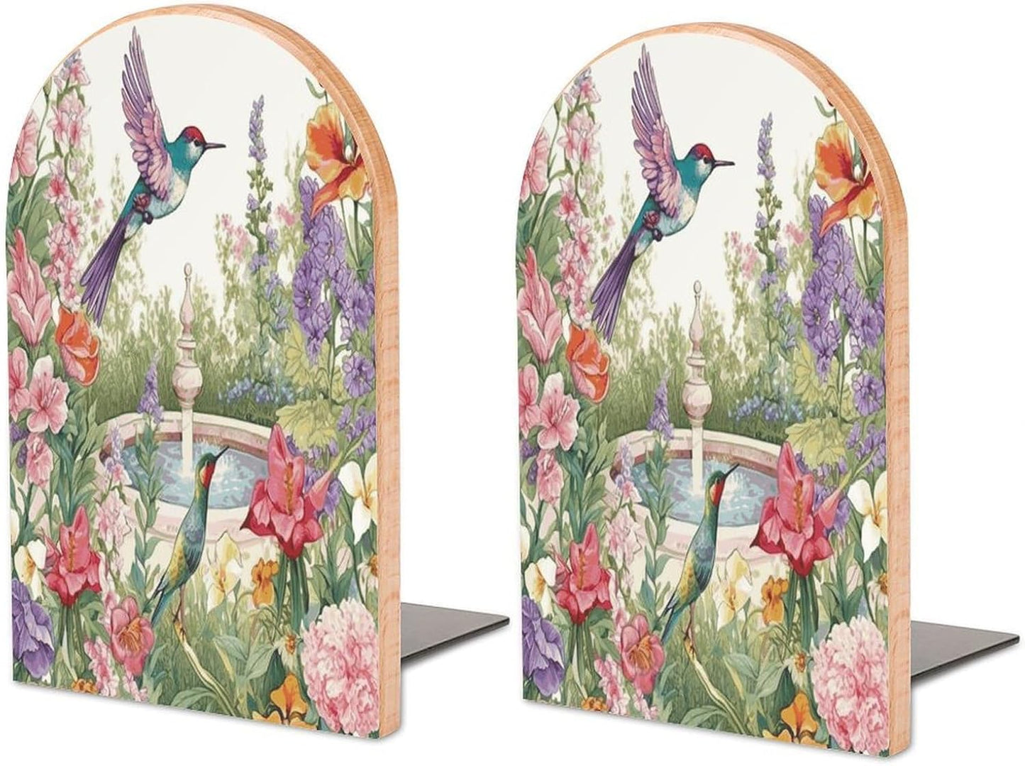 Garden with Birds and Flowers Bookend for Shelves Wooden Book End Large Size Sturdy Book Holders Stoppers with Metal Base for Bookshelves Slick Decorative Bookends Stands