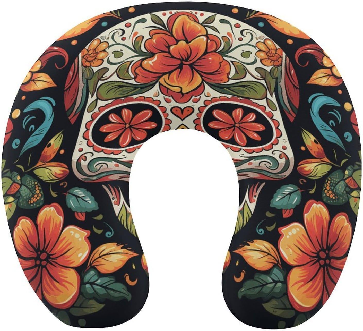 Colorful Sugar Skull Neck Pillow Memory Foam U Shaped Pillows Portable Pillows for Shoulder Travel Head Support Pillow with Concealed Zipper for Airplane Car Home Office