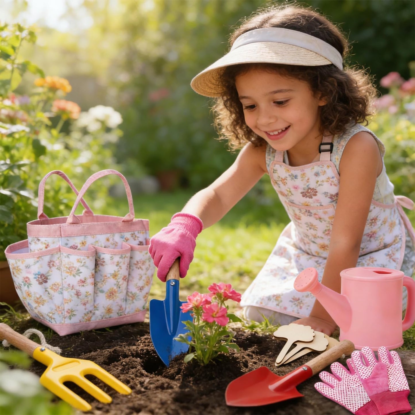 Kids Gardening Tools Set Toddler Gardening Kit with Apron & Tote Bag, Shovel, Fork, Trowel and Gloves, Outdoor Gardening Toys Easter Gifts for Children Ages 3-10