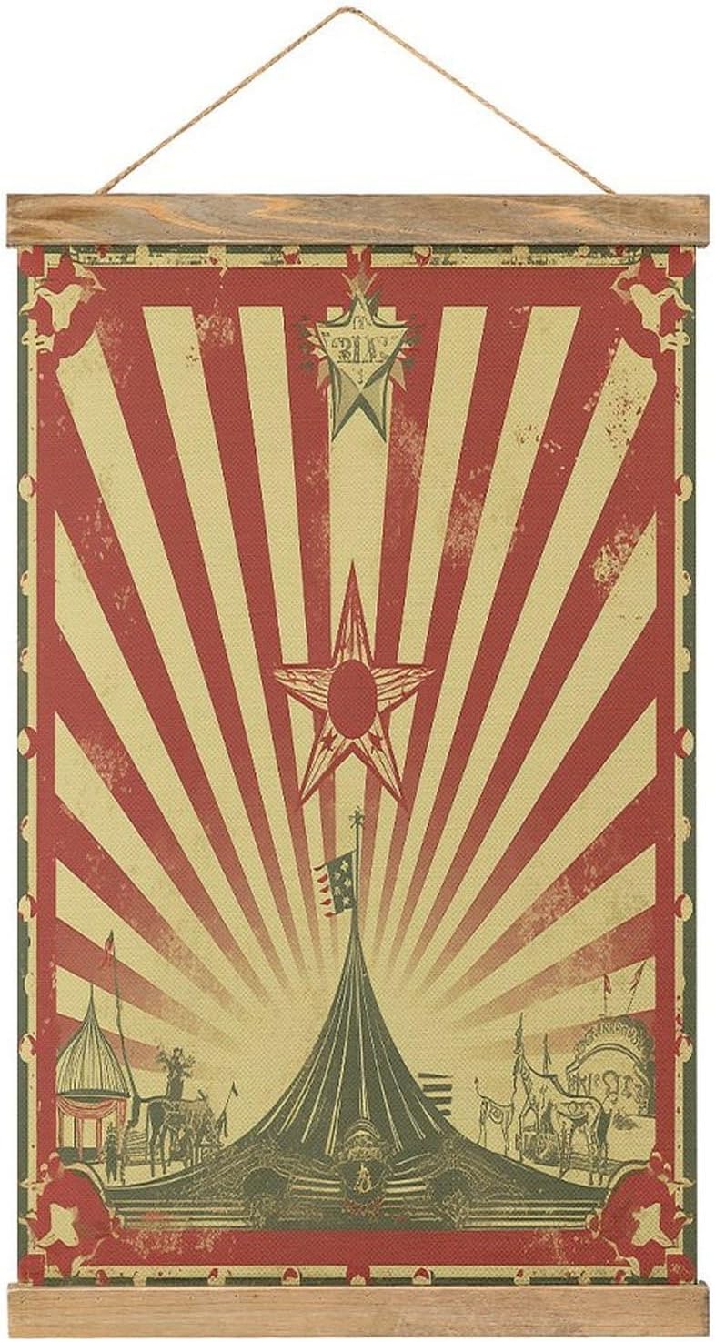 Vintage Vintage Circus Background Poster with Wooden Frame Personalized Linen Hanging Scroll Painting Rustic Wall Hanging Illustrative Modern Artwork Decor for Home Living Room Bedroom Office