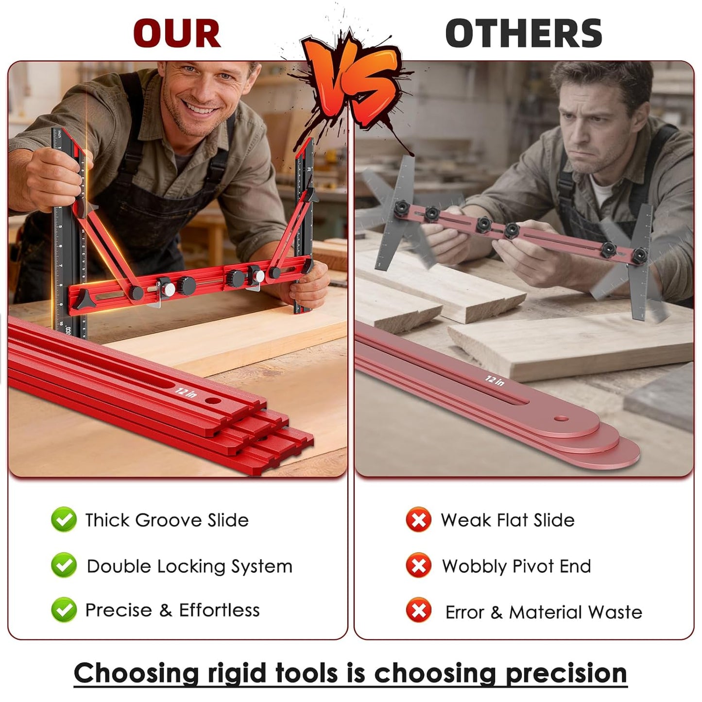 Stair Tread Template Tool, Stair Measuring Tool with Triangular Structure Brace and Edge Flip Stops, 8-72 in Solid Aluminum Alloy Stair Tread Jig for Accurately Measuring Stairs (Red)