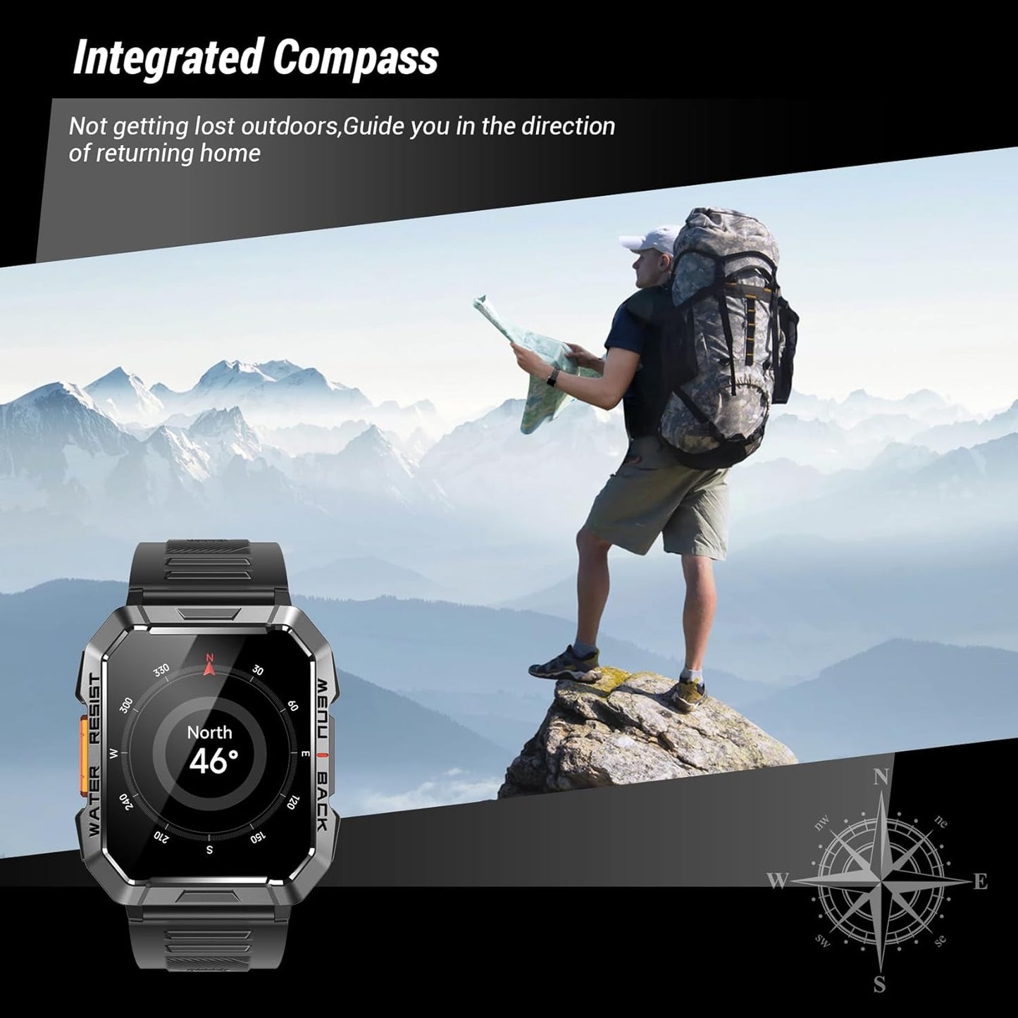 Military Smart Watch for Men (Answer/Make Calls), 2.01'' Smart Watch for Android and iPhone, Fitness Tracker with Flashlight/Compass/100 Days Battery/Heart Rate/Sleep/100+ Sport Modes(2 Straps)