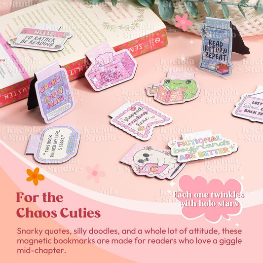 12PCS Glittery Magnetic Bookmarks, Funny Cute Book Marks for Book Lovers Gifts, Bookmark Accessories for Women Teachers Students School Office Home Supplies (Funny)