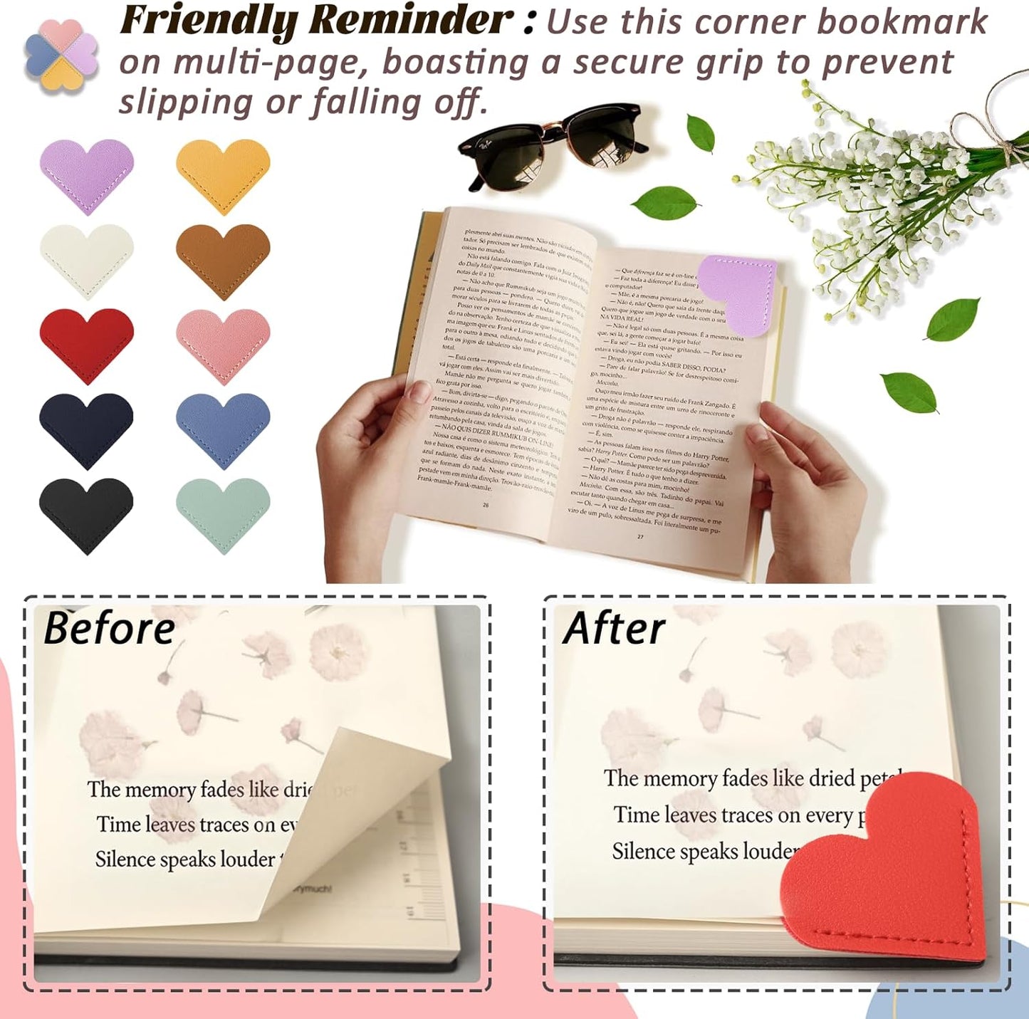 10 Pcs Leather Heart Bookmarks for Reading Women, Cute Corner Page Bookmarks for Book Lovers Teachers Students, School Office Home Supplies, Book Accessories Gifts for Women Book Lovers (Heart-10pcs)