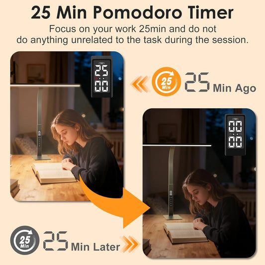 LED Desk Lamp for Office Home: Pomodoro Timer Table Light with Base 1600 Lumen Bright - 5 Color Stepless Dimming for Reading Study Drafting