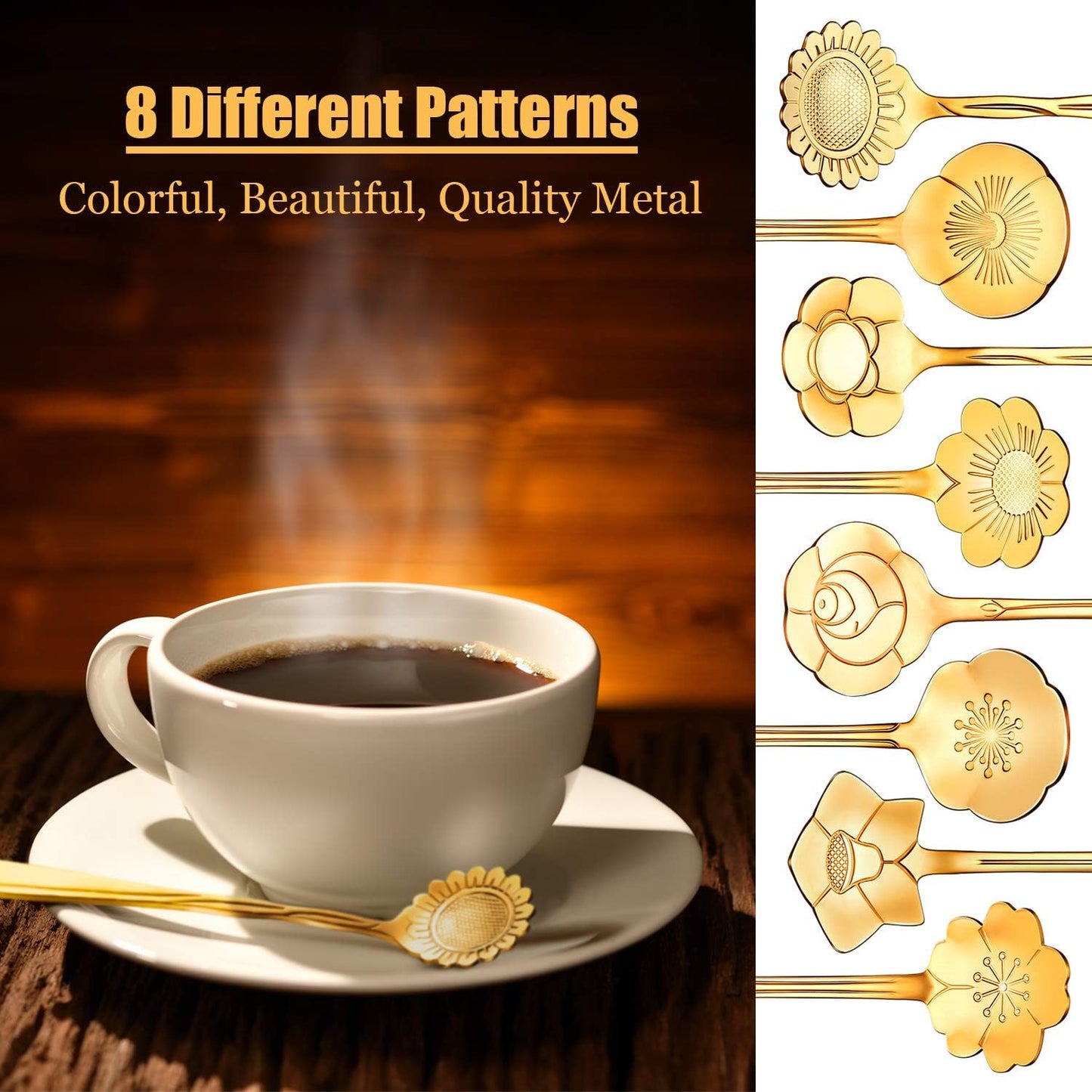 Chengu 8 Pieces Flower Coffee Tea Spoons Stainless Steel Sugar Spoons Tea Party Flower Fancy Tableware Set Stir Bar Creative Stirring Teaspoon, 8 Different Patterns(Gold)