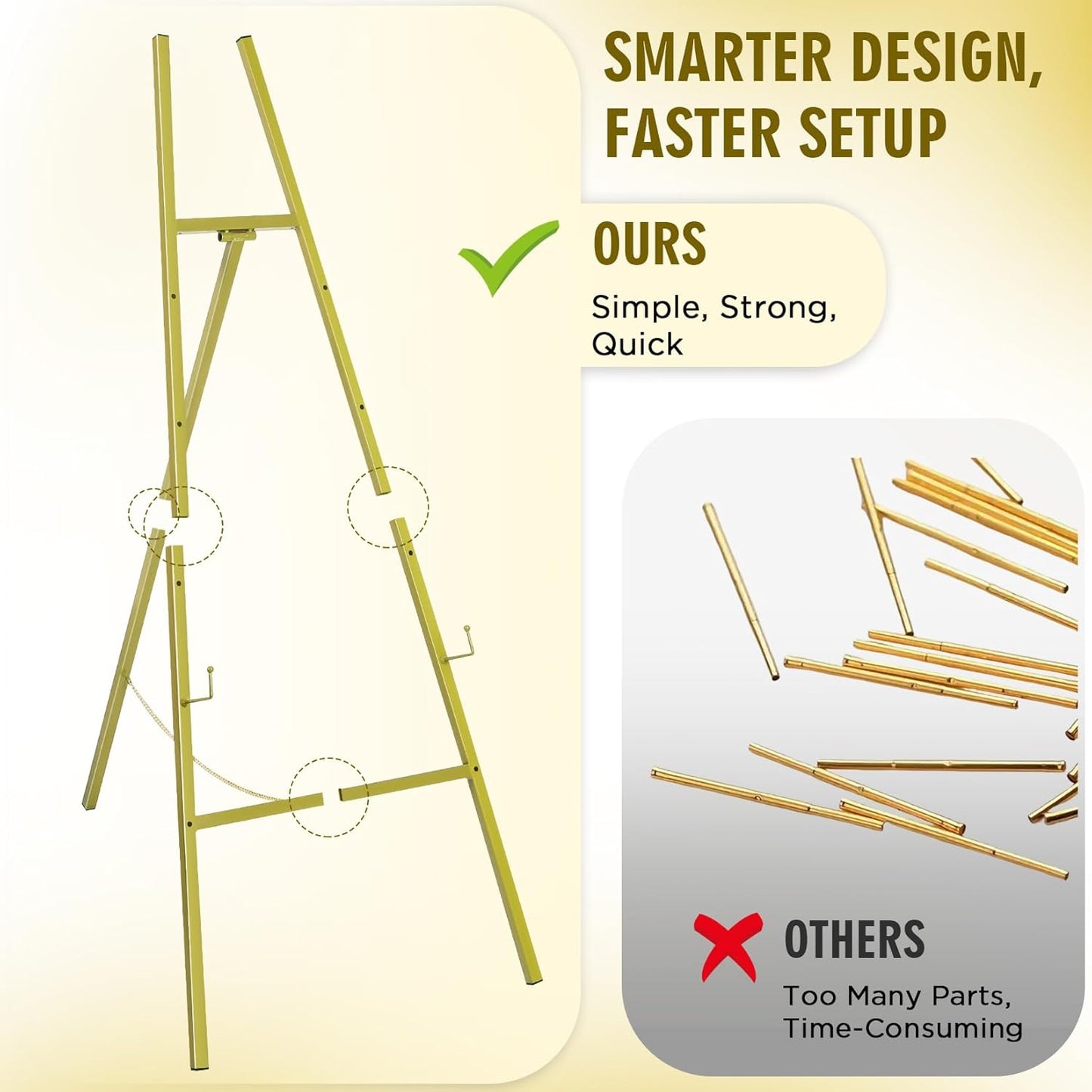 57" Heavy Duty Gold Easel Stand for Wedding Signs – Holds up to 50 lbs Metal Floor Easel for Welcome Sign, Seating Chart, Art & Mirrors – Quick 5-Min Assembly, Adjustable Display Stand