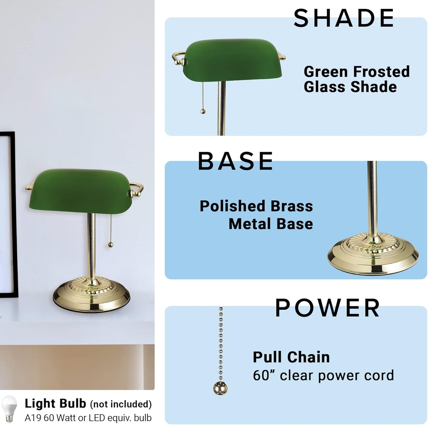 Catalina Lighting 17466-017 13.5'' Traditional Banker's Lamp Light Fixture with Green Glass Cylinder Shade for Office, Library, Living Room, or Dorm, Polished Brass