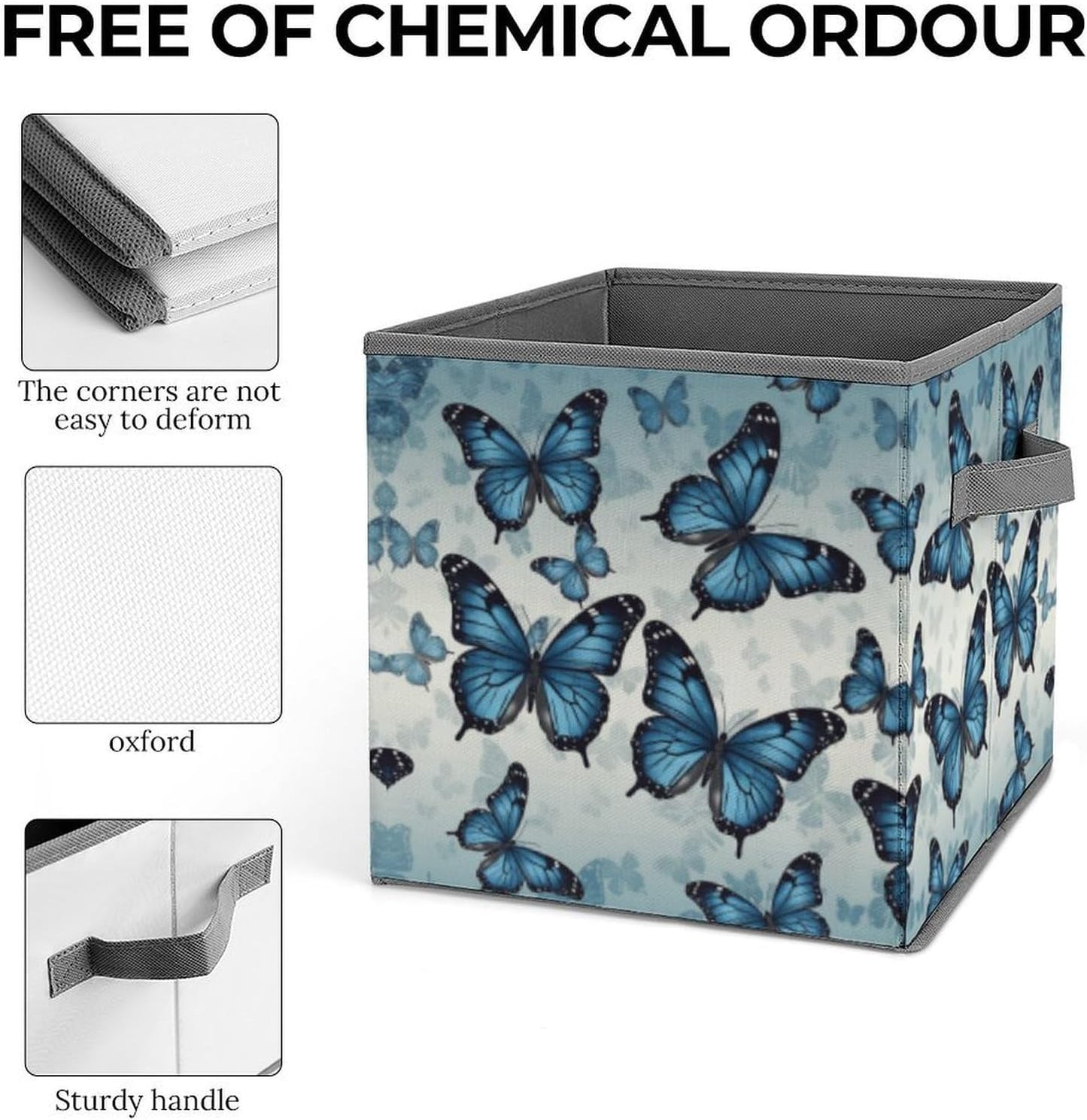 Blue Butterfly Storage Bins with Handles Fashion Large Storage Cubes Sturdy Foldable Storage Boxes Space-Saving Storage Baskets for Home Office Clothes Closet Organizers