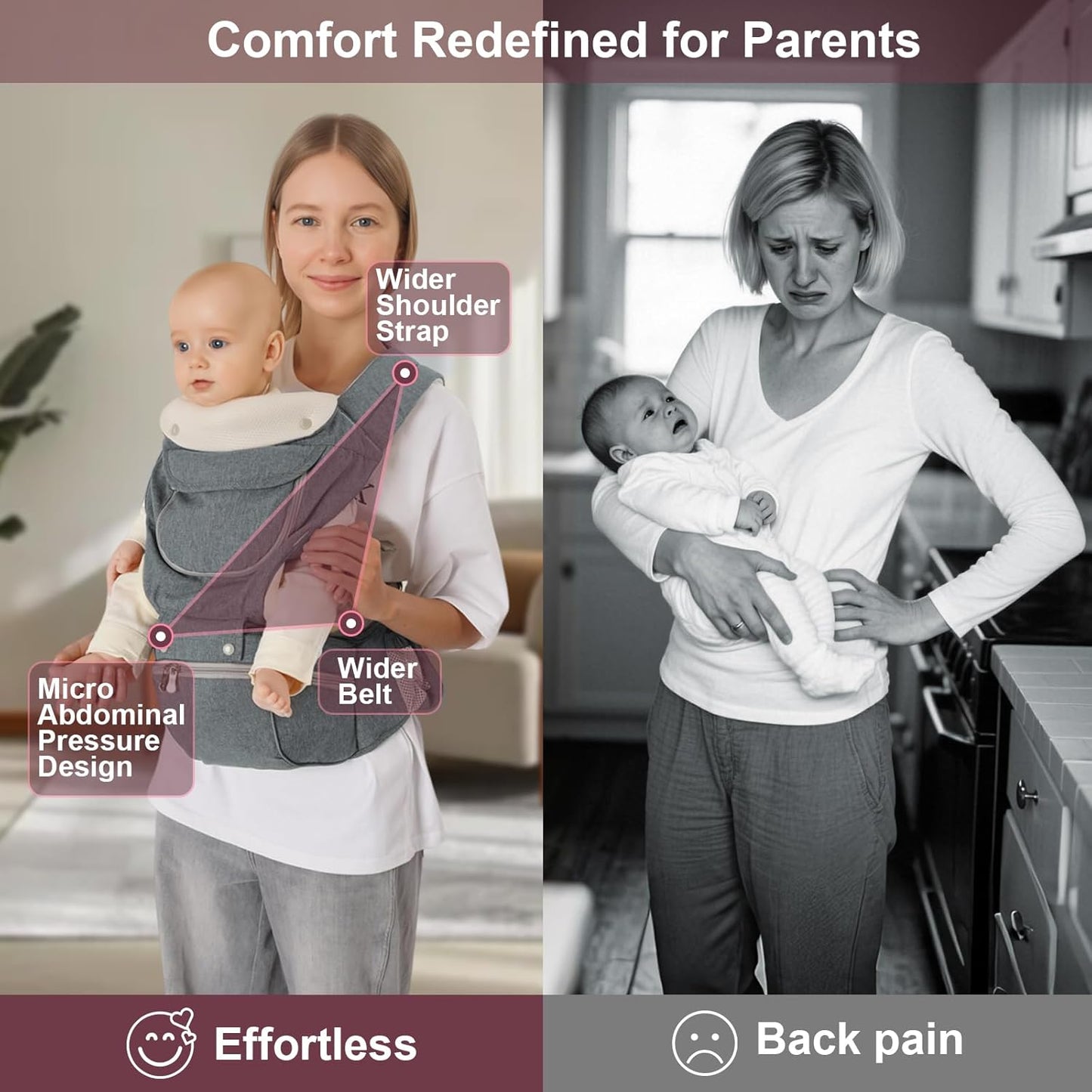 Baby Carrier, 6-in-1 Newborn to Toddler Carrier(7-50lbs), Front & Back Carrier with Detachable Hip Seat, Soft & Adjustable, All Seasons, Ideal for Mom & Dad, Perfect for Shopping & Travel (Grey)