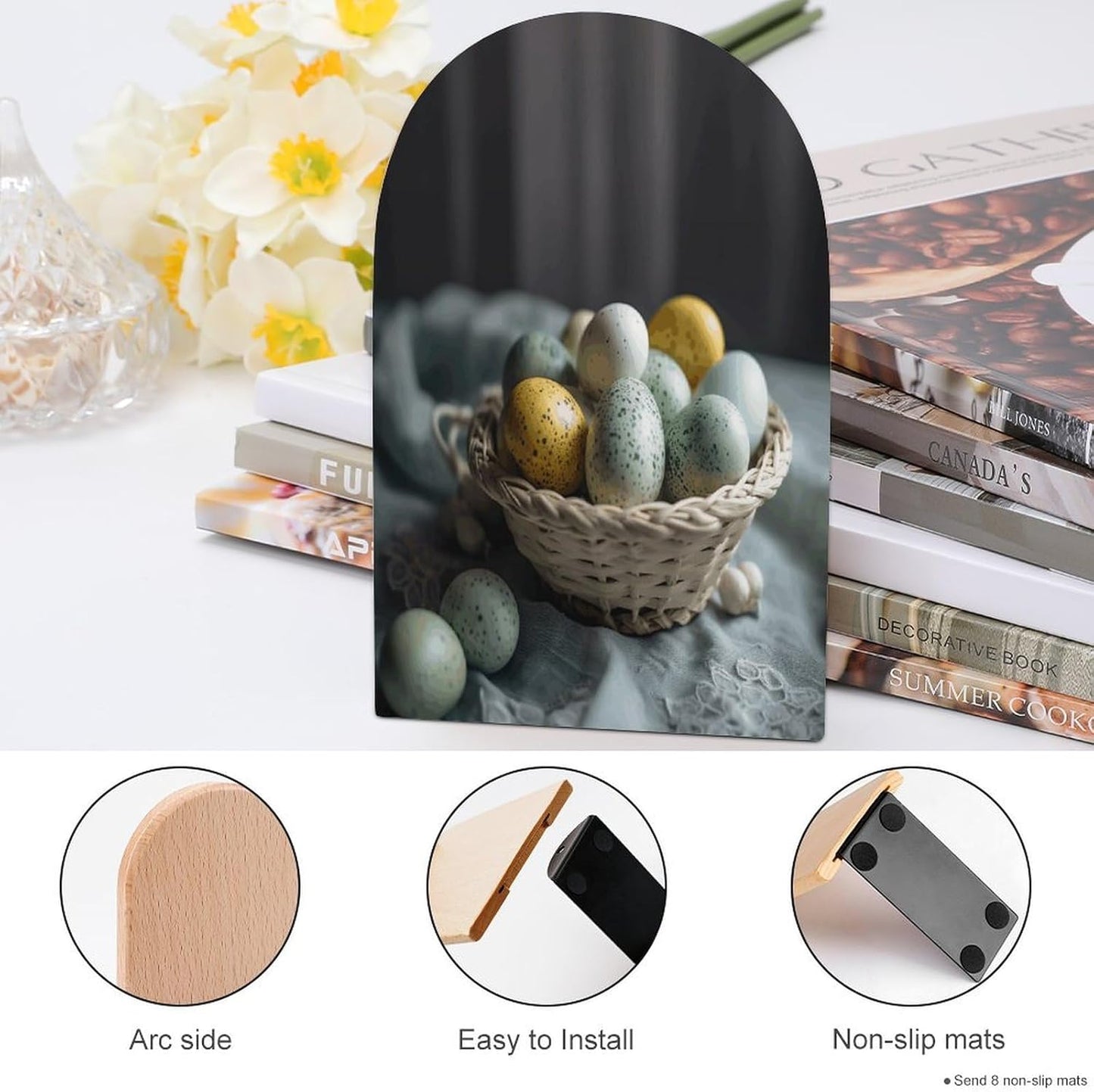 Easter Egg Basket Bookend for Shelves Wooden Book End Large Size Sturdy Book Holders Stoppers with Metal Base for Bookshelves Slick Decorative Bookends Stands