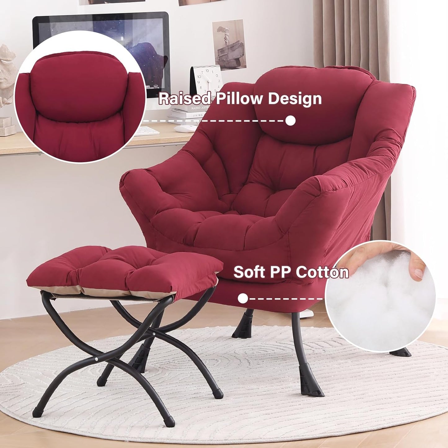 Tiita Lazy Chair with Ottoman, Red Modern Large Accent Chair, Comfy Leisure Sofa Armchair with Ottoman, Reading Chair with Footrest for Bedroom, Living Room, Dorm Rooms, Wine red