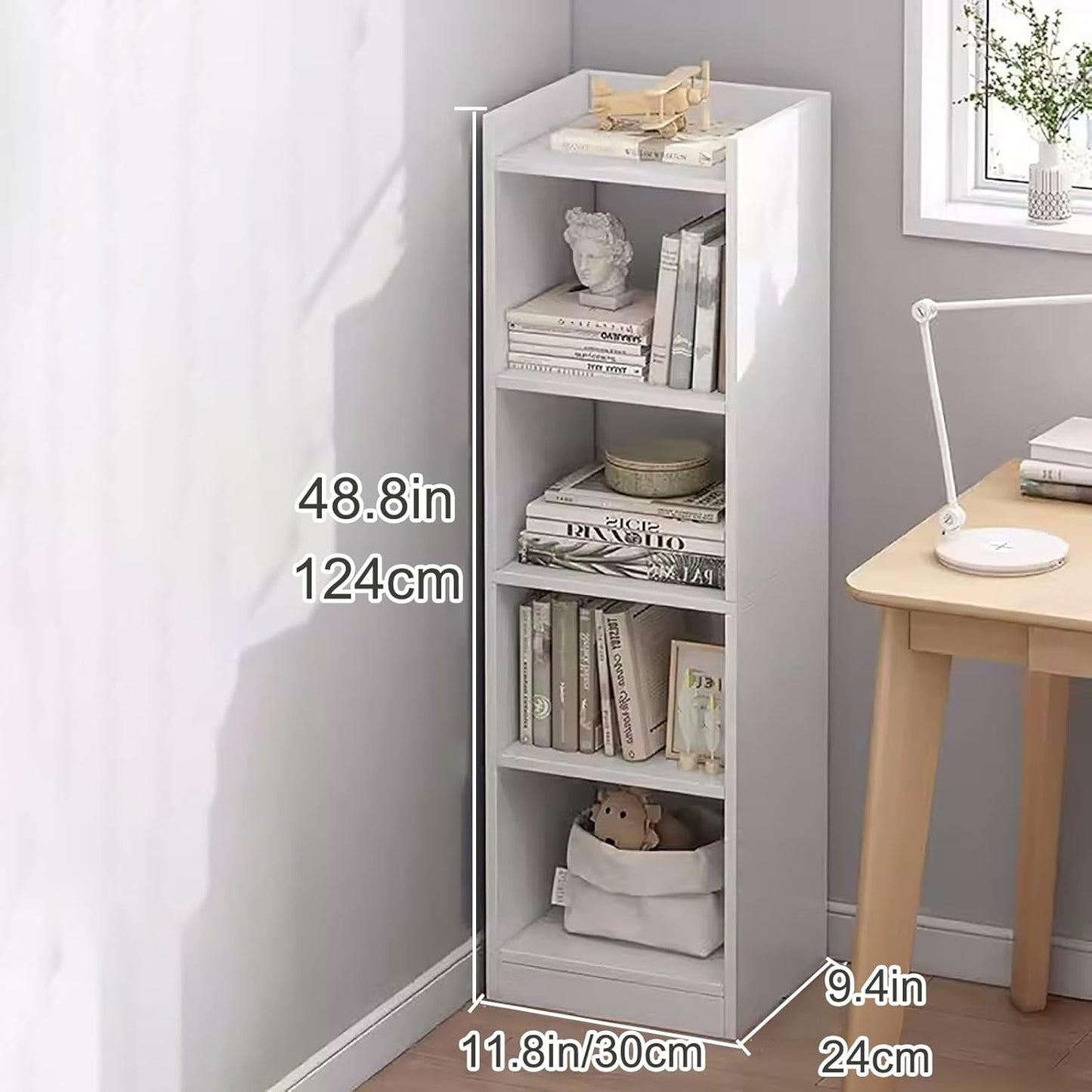 Tall Narrow Corner Bookcase - Four-Tier White Bookshelf with Open Shelves, Space-Saving Storage Tower Rack, Modern Cubes Shelf for Small Spaces