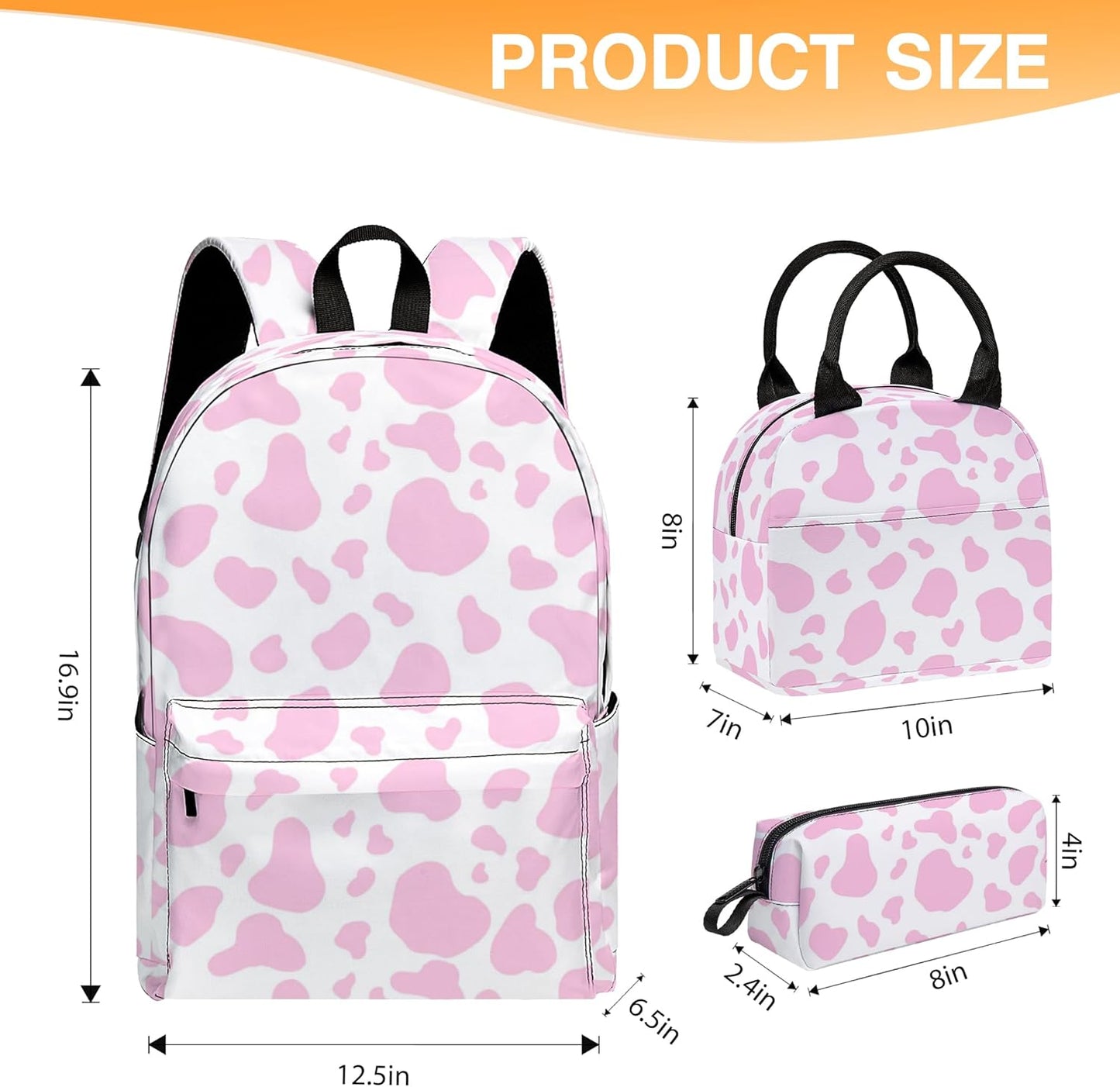 3PCS Backpack for Boys Girls Back To School, Kids Backpack for Teens Elementary Middle High School Students, Large Capacity 17 Inch Bookbags with Lunch Box and Pencil Case (Cow)