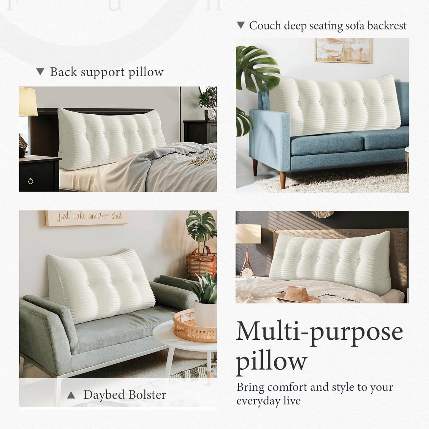 Fully Stuffed Thicken Headboard Pillow Full Padded Headboard Soft and Firm Support Large Bolster Triangular Bed Wedge Pillow Backrest Positioning Bed Rest Reading Pillows for Bed Corduroy White
