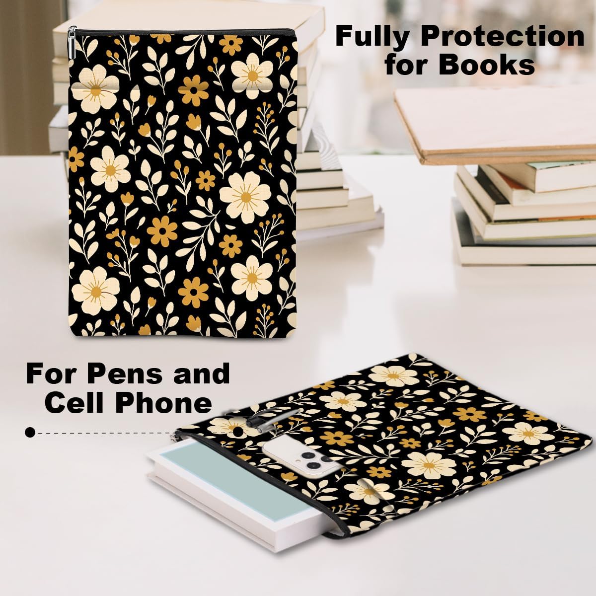 Book Sleeve Book Lovers Gifts Waterproof Books Pouch Protector Cover Reading Accessories Gifts for Women Girls Bookworm Sister Reader Librarian Birthday Anniversary Christmas, Aesthetic Floral