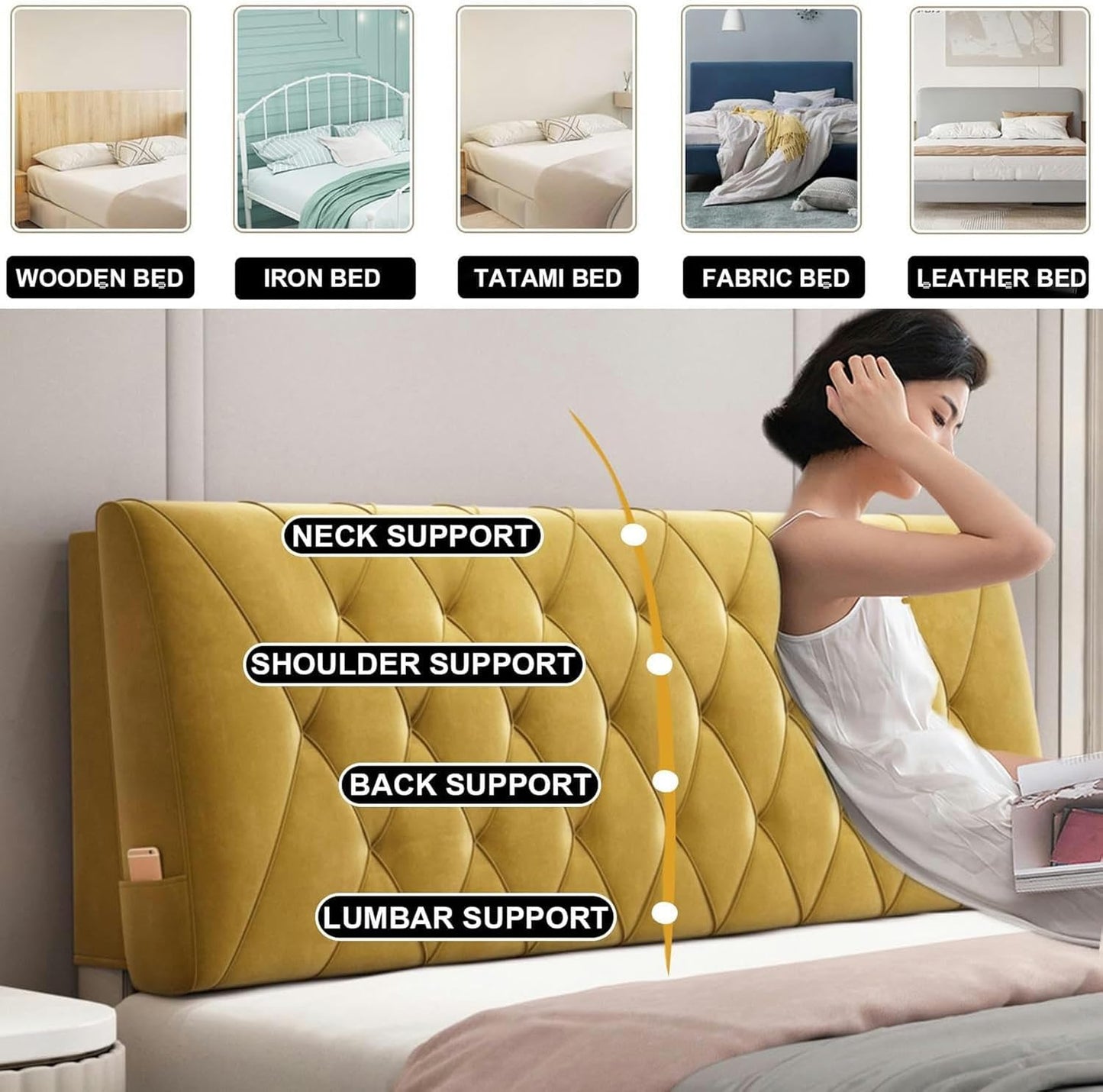 AMNOOL Rectangle Headboard Cushion Reading Pillow Wall Mounted Headboard Upholstered Home Dorm Day Bed Backrest Wedge Bolster Neck Lumbar Support Cushion