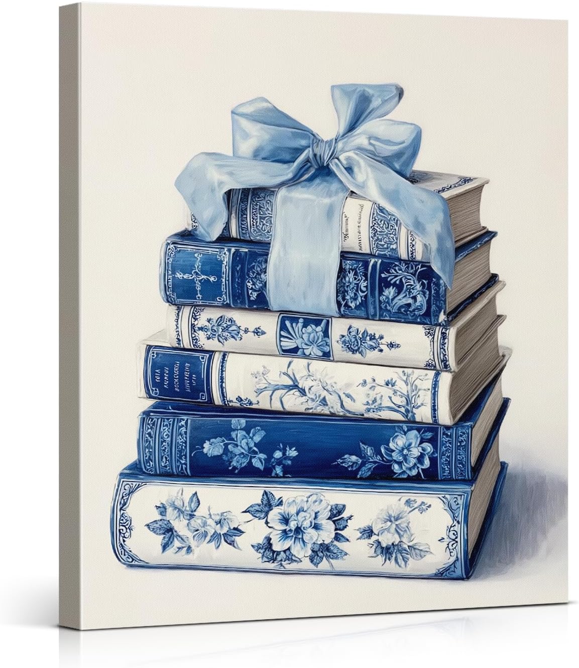 Vintage Blue Bow Books Wall Art Print - Coquette Bookish Canvas Poster Painting - Book Lover Gifts Blue Wall Decor for Home Reading Nook Library 8x10 Inch Framed