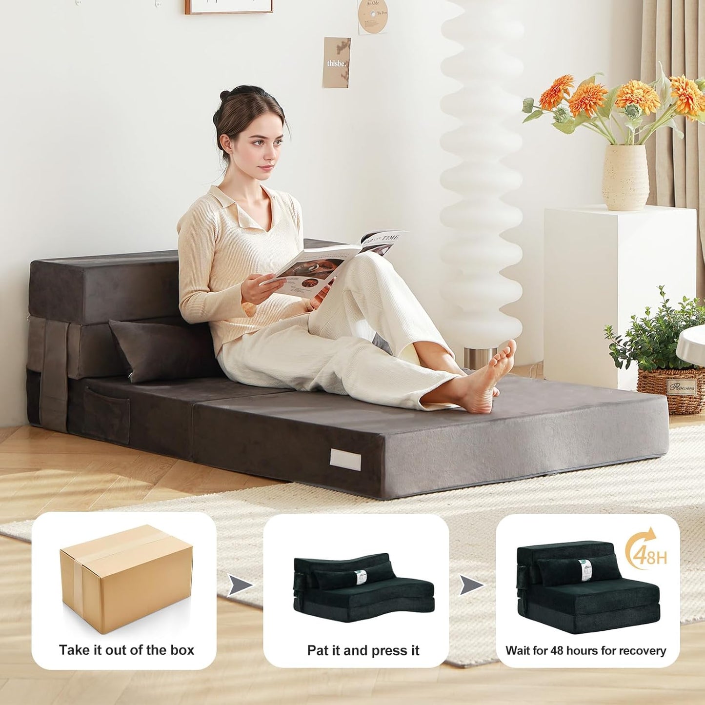 Tiita Folding Sofa Bed Couch, Single Size Foldable Futon Chair with Pillow, Folding Sleeper Sofa Chair Bed Floor Mattress for Guest Room, Living Room, Beige