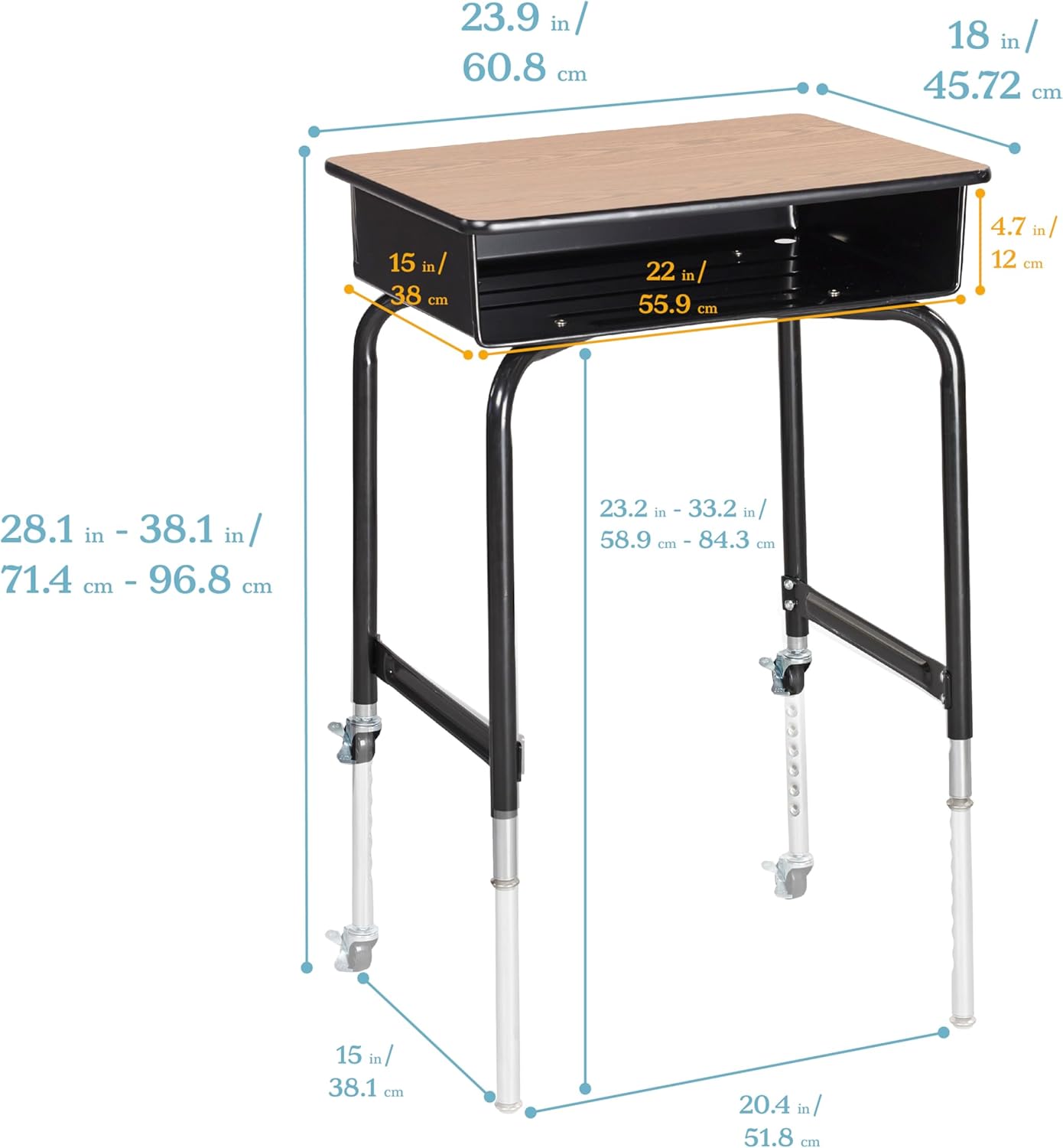 ECR4Kids Mobile Open Front Desk with Metal Storage Book Box, Classroom Furniture, Oak
