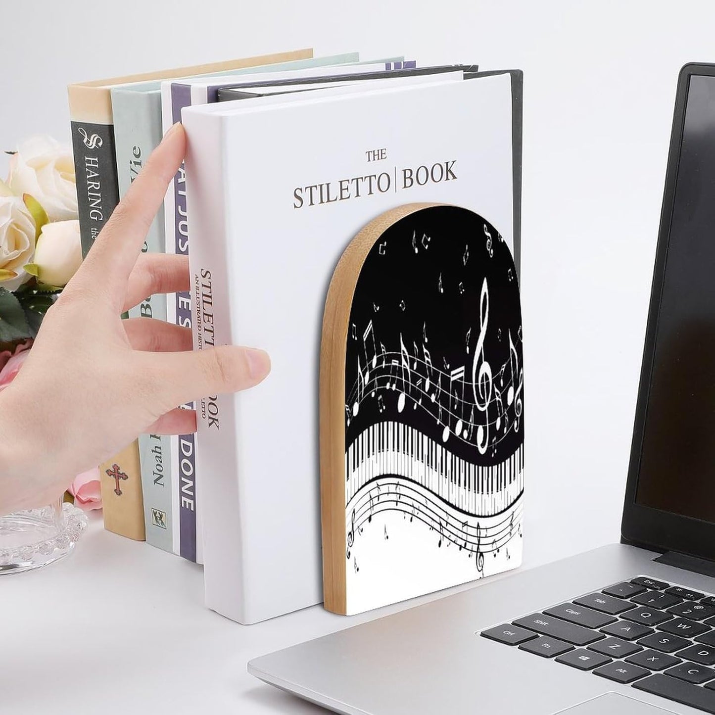 Black White Music Note Wooden Bookend Non-Slip Book Ends Heavy Duty Book Stopper with Metal Base Books Holderd Decorative Bookends Stands Firmly for Office Supplies