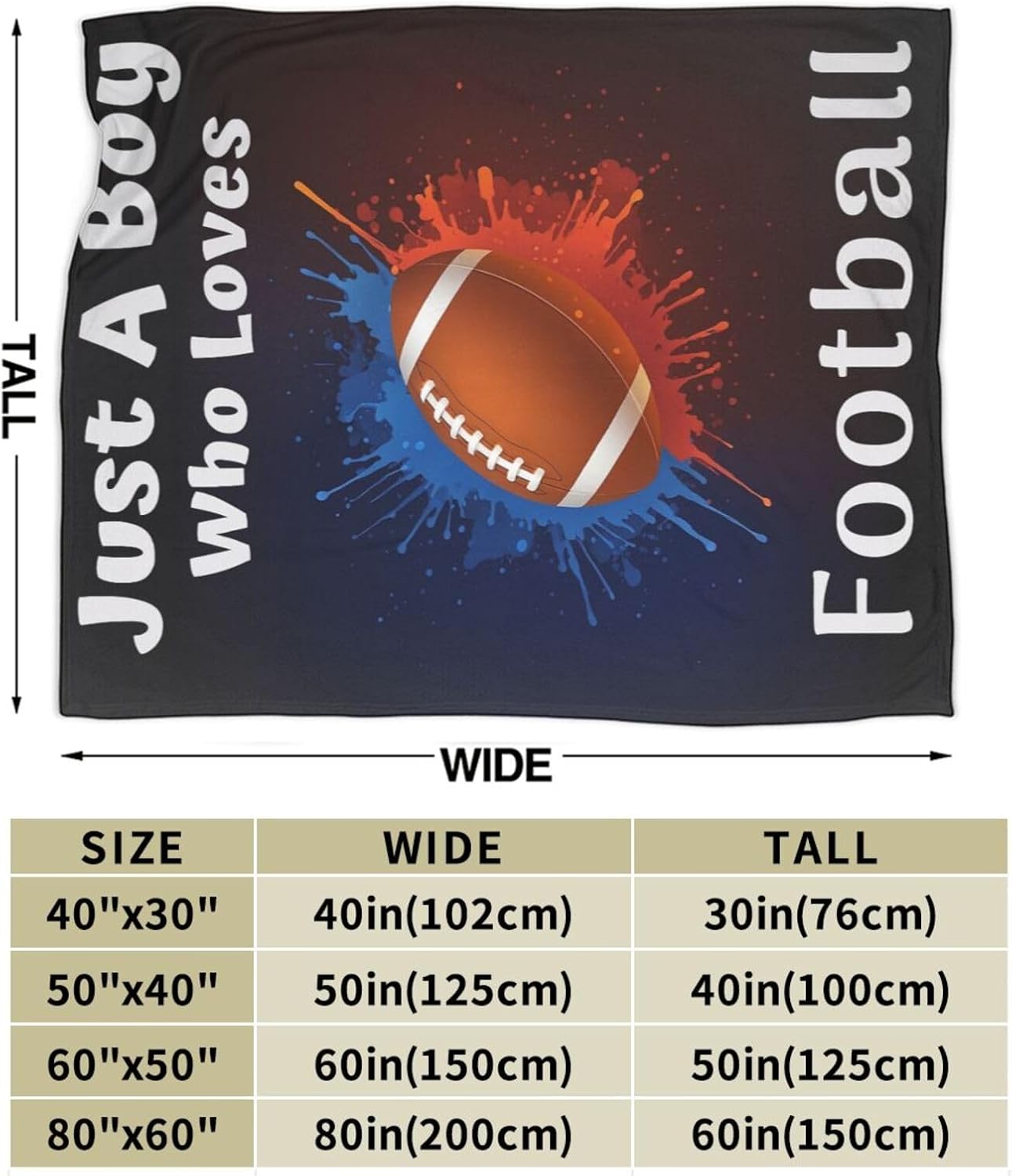 Just A Boy Who Loves Football Blanket Funny American Football Throw Blankets for Boys Kids Soft Warm Sports Ball Throws Flannel Fleece Plush Gifts for Teen Men for Bed Sofa Bedding Decor 50"x40"
