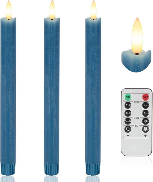 Blue Flameless Taper Candles with Rmote, 9.6" Real Wax Battery Operated Candles with 3D Wick, 3 Pack Led Candlesticks Flickering, Electric Candlesticks for Home, Wedding, Party Decor