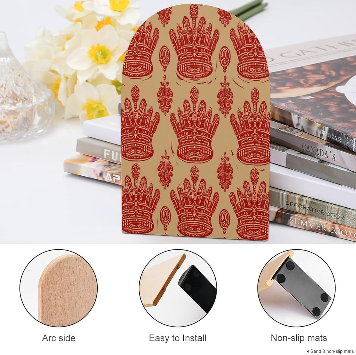 Red Crown Wooden Bookend Non-Slip Book Ends Heavy Duty Book Stopper with Metal Base Books Holderd Decorative Bookends Stands Firmly for Office Supplies