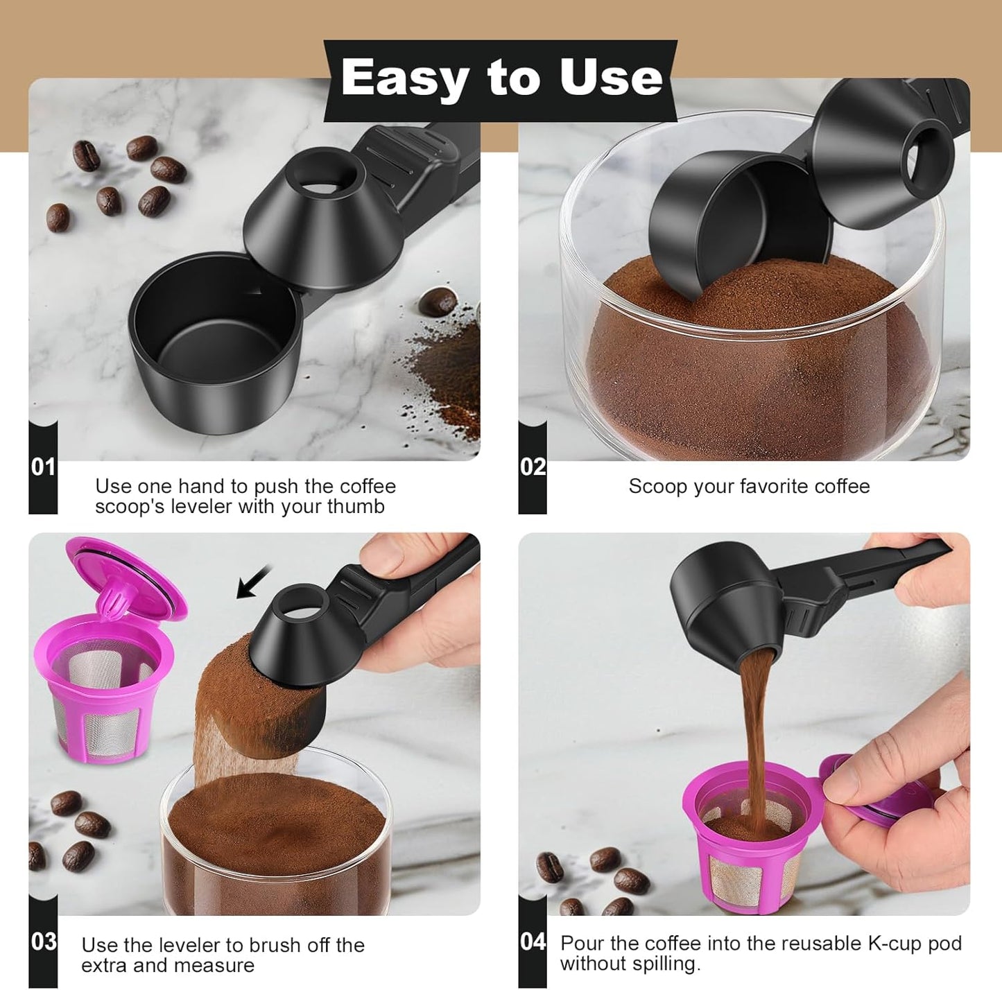 Coffee Scoop & Funnel for Reusable K Cup Refillable Coffee Pods, Coffee Measuring Spoon 2 Tablespoon Capacity, Scoop with Funnel for Ground Coffee, Protein Powder, Tea (Black, 1 Pack)