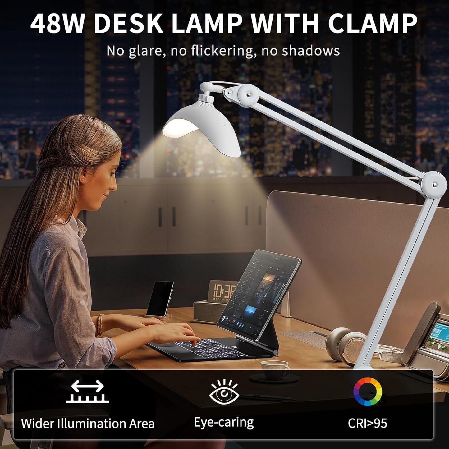 Upgraded 22" LED Desk Lamp with Clamp, 48W CCT Dimmable Home Office Lighting, Remote & Touch Control Swing Arm Task Light for Reading, Study, Drafting, Nail Art & Crafts, White