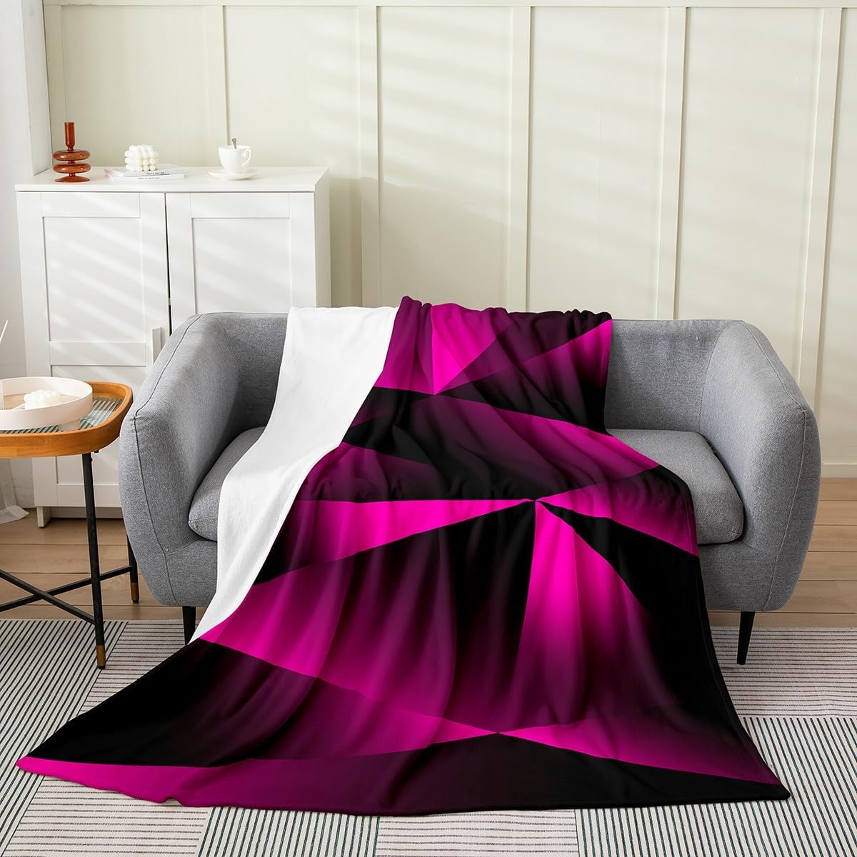 Feelyou Kids Hot Pink Black Plush Throw Blanket, Twin 60"x80" Abstract Art All Season,Bed Blanket for Boys Girls Teens Bedroom Decor Modern Striped Flannel Fleece Blanket Women Men Geometric
