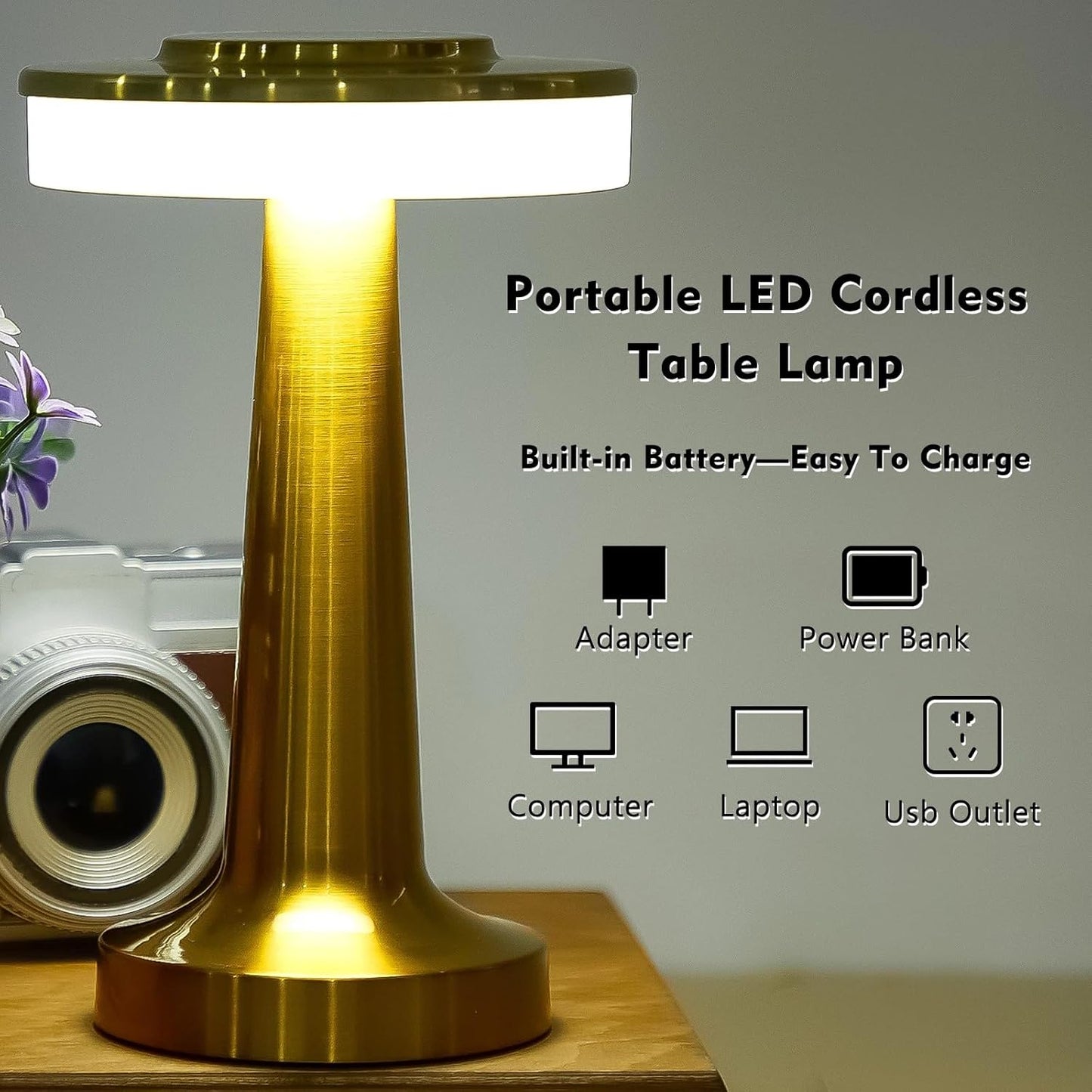 Riakrum 2 Pcs LED Portable Cordless Table Lamp with Touch Sensor 3 Color Stepless Dimming Rechargeable Battery up to 15 Hours Cordless Table Light Wireless Lamp for Nursery (Gold)