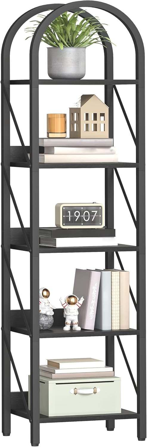 HOOBRO Bookshelf, 5-Tier Bookshelf Arched Display Racks, Industrial Bookcase with Metal Frame, Book Shelf Storage Organizer for Living Room, Office, Bedroom, Black BB425SJ01