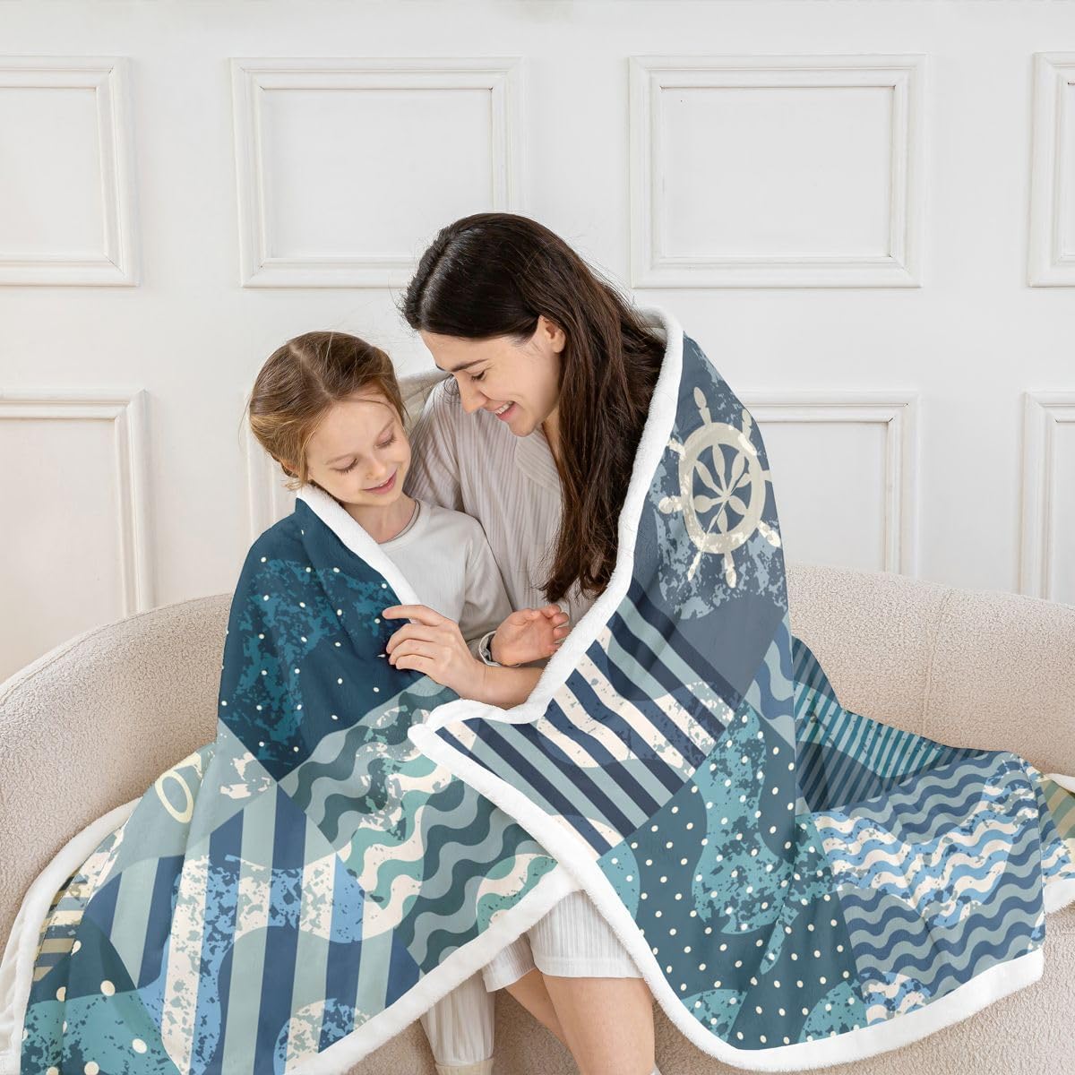 Ocean Nautical Soft Cozy Fleece Blankets Geometric Grid Stripes Fleece Flannel Throws Anchor Rudder Sea Wave Throw Blankets Buffalo Lattice Polka Dot for Sofa Bed Couch,Throw 50x60 Inch