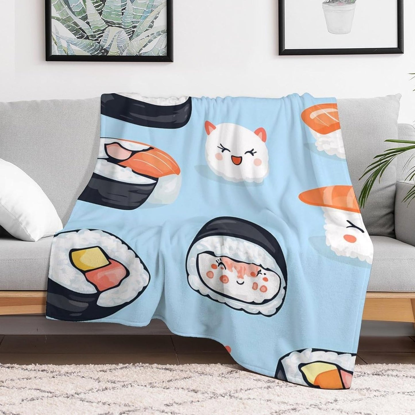Cute Sushis Throw Blanket for Couch Bed Plush Cozy Fuzzy Flannel Blanket for All Season 60"x80"