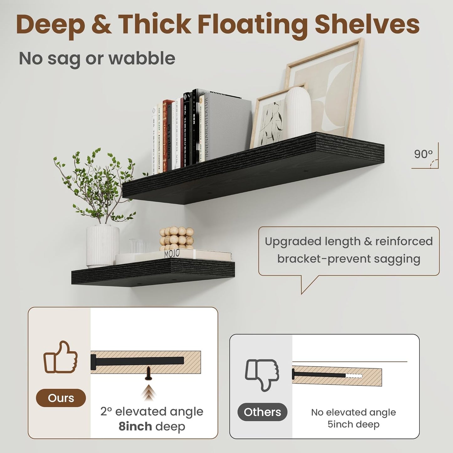 Axeman Square Floating Shelves for Wall, 8" W x 8" D x 1.4" H Rustic Wooden Wall Shelves, 4 Pack Wall Mounted Floating Shelf with Invisible Brackets for Living Room, Bathroom, Kitchen, Black Color
