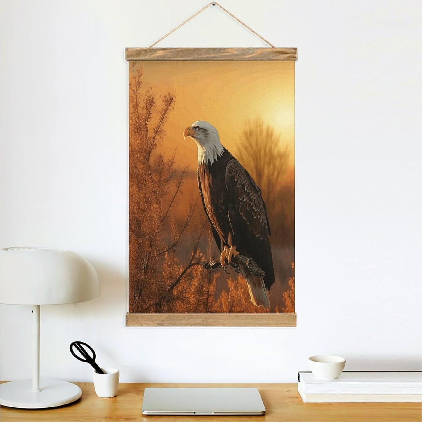 Vintage Golden Sunset Bald Eagle Poster with Wooden Frame Personalized Linen Hanging Scroll Painting Rustic Wall Hanging Illustrative Modern Artwork Decor for Home Living Room Bedroom Office