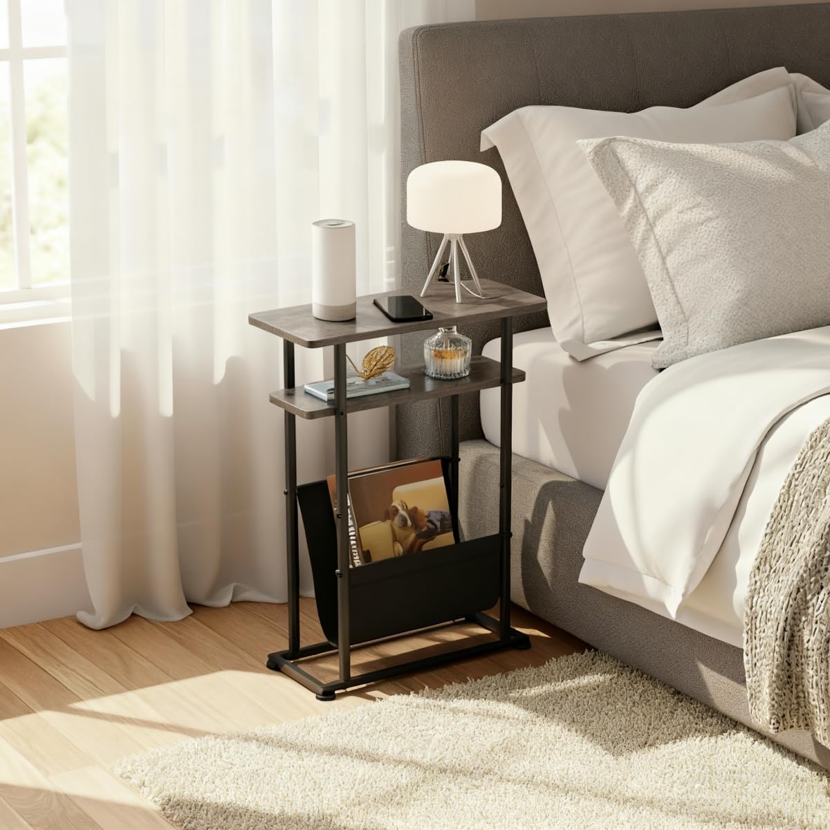 Narrow Small Side Table for Small Spaces - Slim End Table with Magazine Rack - Narrow End Table Living Room Couch Side Table- Skinny Bedside Table Nightstand Bedroom Thin Side Table (Grey)