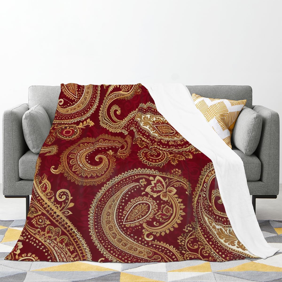 Soft Throw Blanket Burgundy Red and Gold Paisley Pattern Print Floral Paisly Design Lightweight Blanket for Beds, Sofas & Couches - All Seasons Home Décor