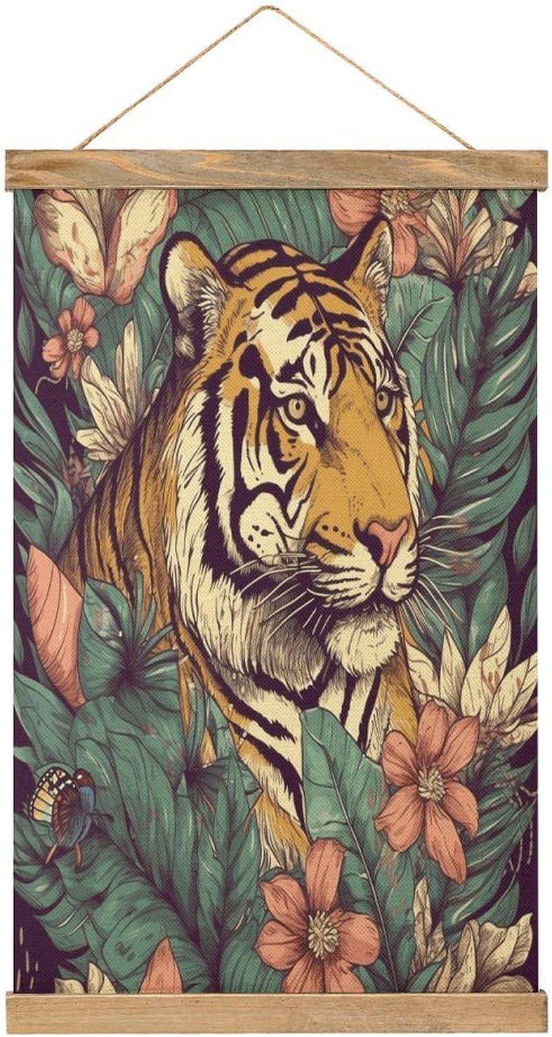 Vintage Tropical Tiger Poster with Wooden Frame Personalized Linen Hanging Scroll Painting Rustic Wall Hanging Illustrative Modern Artwork Decor for Home Living Room Bedroom Office