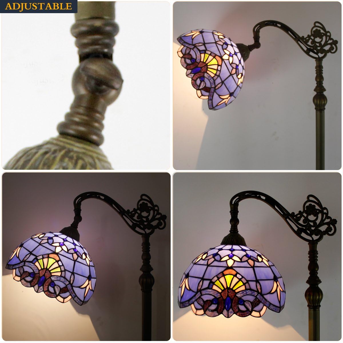 WERFACTORY Floor Lamp Tiffany Style Blue Purple Stained Glass Arched Lamp 12X18X64 Inches Gooseneck Adjustable Corner Standing Reading Light Decor Bedroom Living Room S003C Series