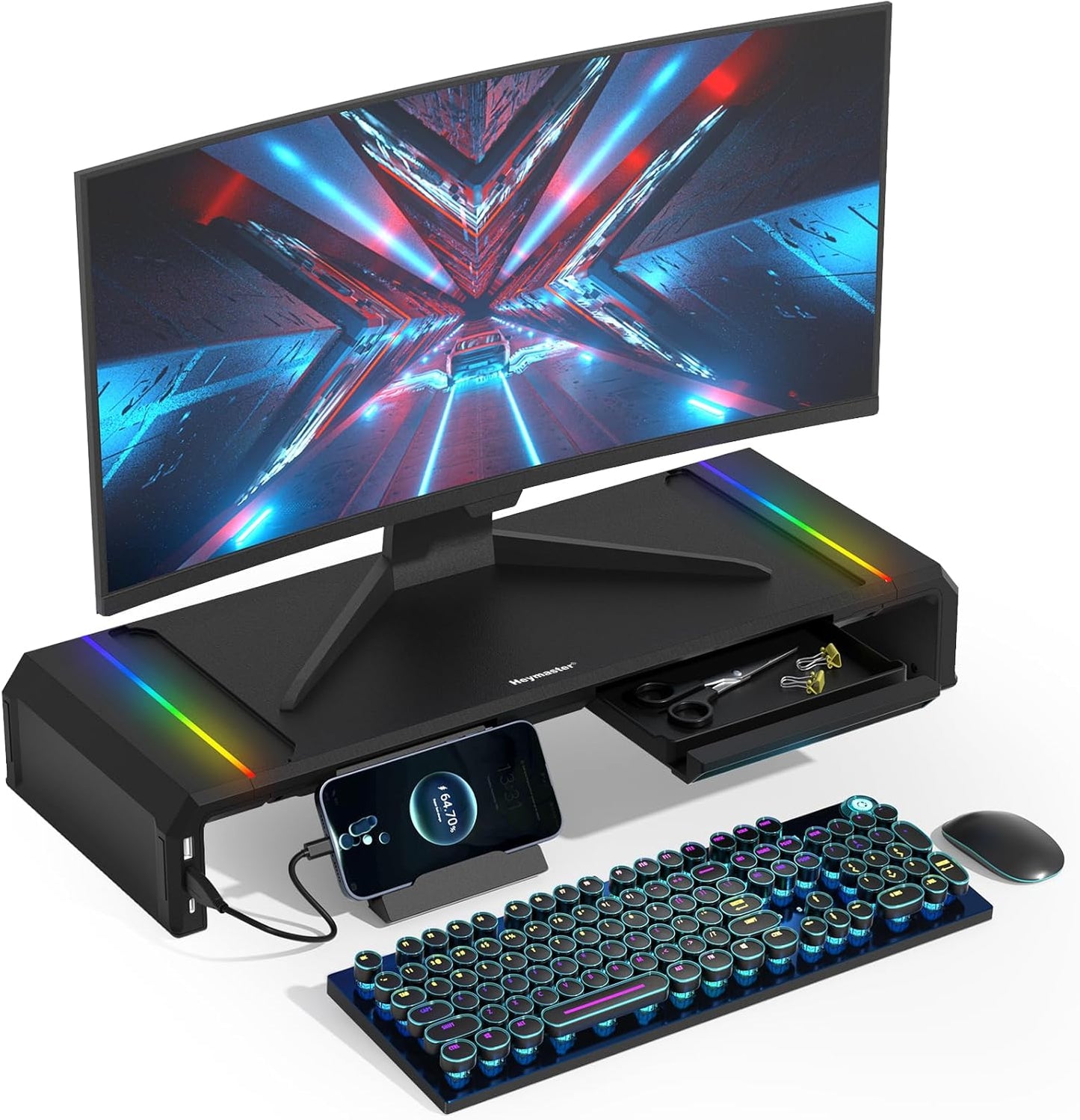 Heymaster Gaming Monitor Stand Riser with RGB Light, USB HUB Type-C Data Port, Adapter Charging, Foldable Adjustable Length Computer Monitor Phone Stand Storage Drawer & Pen Slot