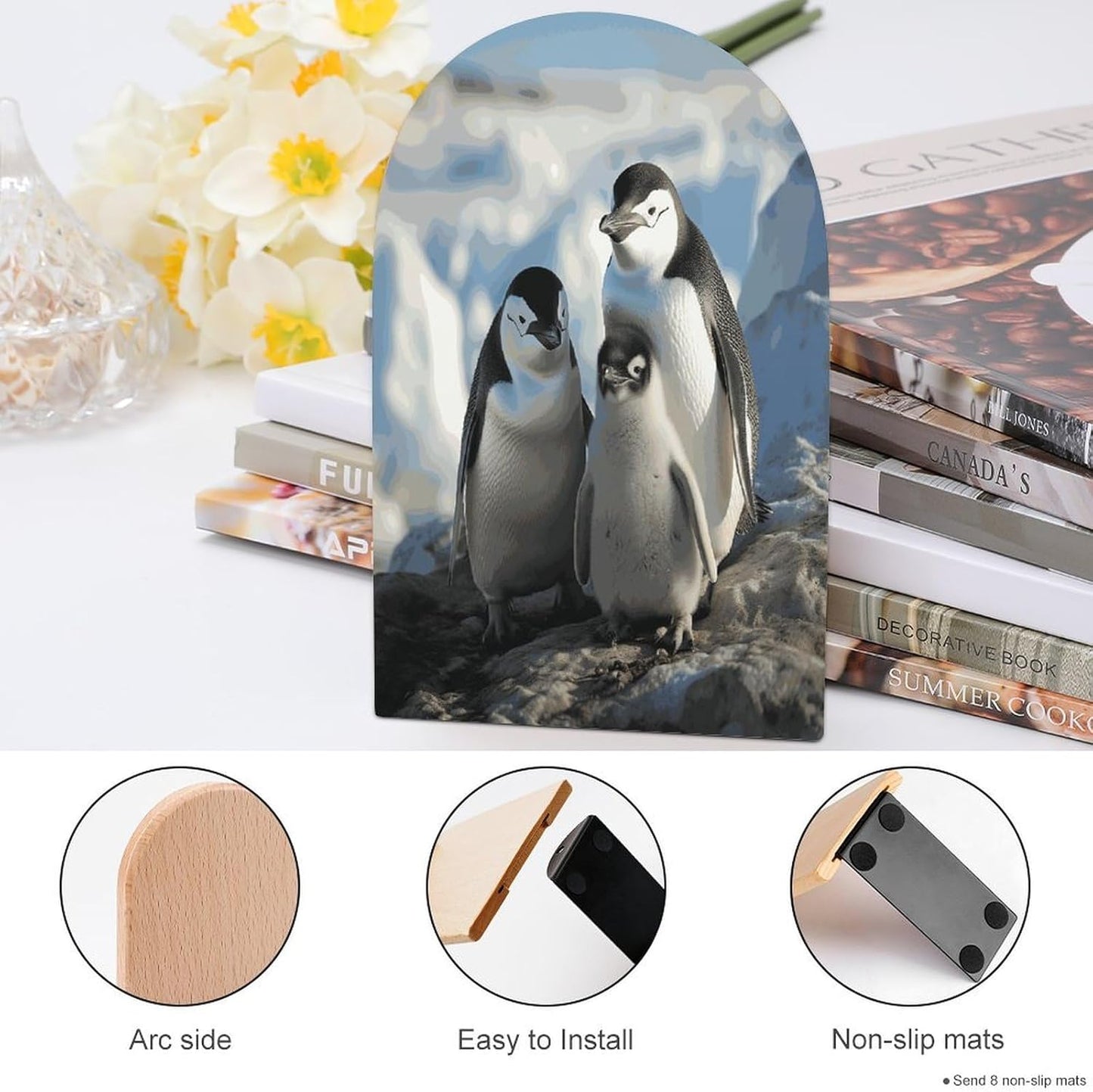 Penguin Parents and Chicks Antarctica Large Bookend for Shelves Wooden Book End Large Size Sturdy Book Holders Stoppers with Metal Base for Bookshelves Slick Decorative Bookends Stands