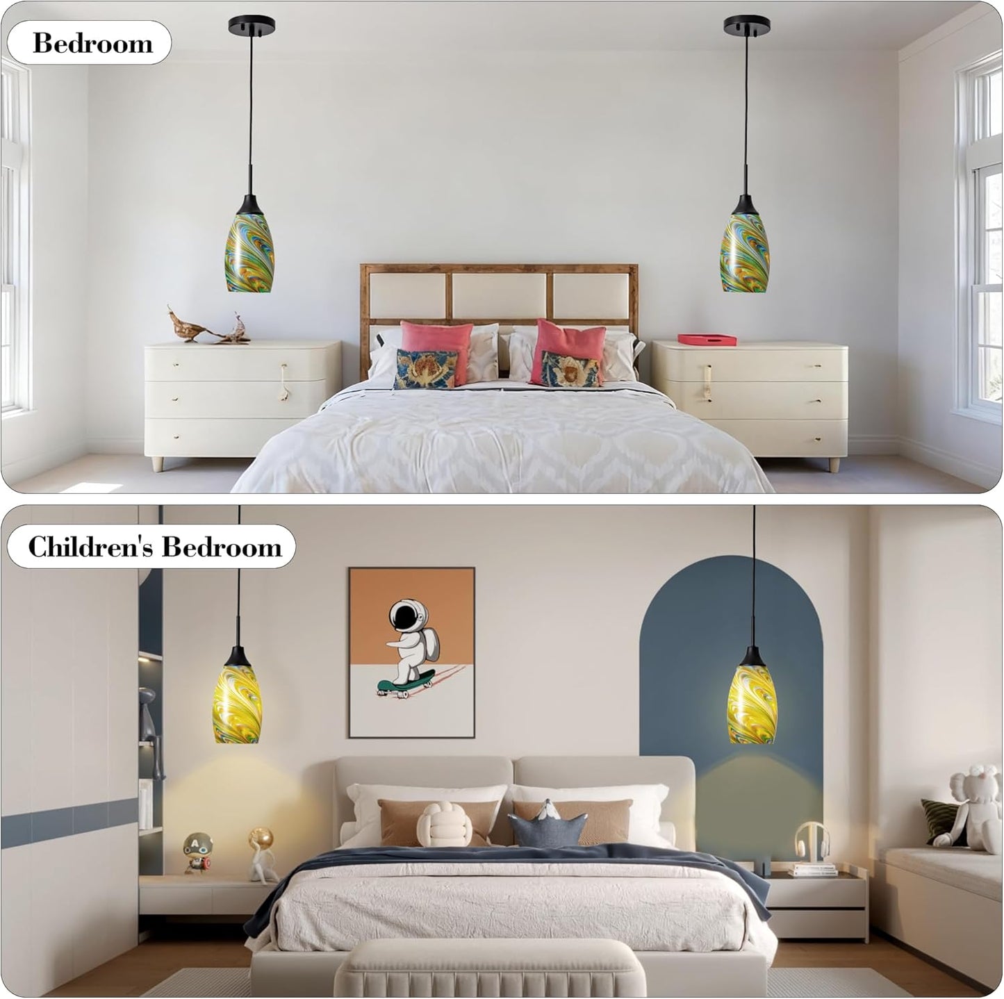 Mini Glass Pendant Light 4.72" Colorful Pattern Oval Pendant Lights 1-Pack Handblown Art Glass Hanging Pendant Light for Kitchen Island Dining Room Living Hallway Matte Black Metal