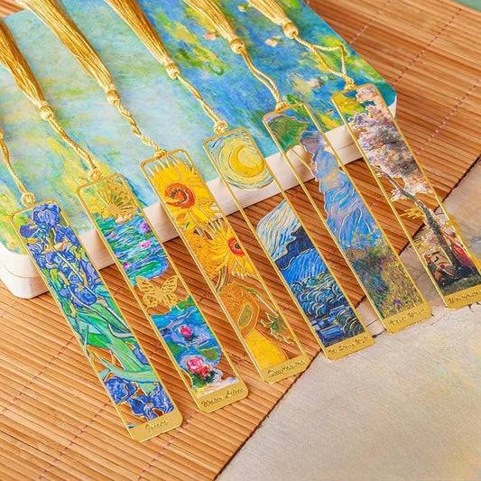 6 Pieces Metal Bookmarks with Tassel, Golden Hollow Bookmark Van Gogh and Claude Monet Oil Painting Theme Book Mark Bookmarks for Book Lovers Writers Readers Children Teens Men Women (6Pcs)