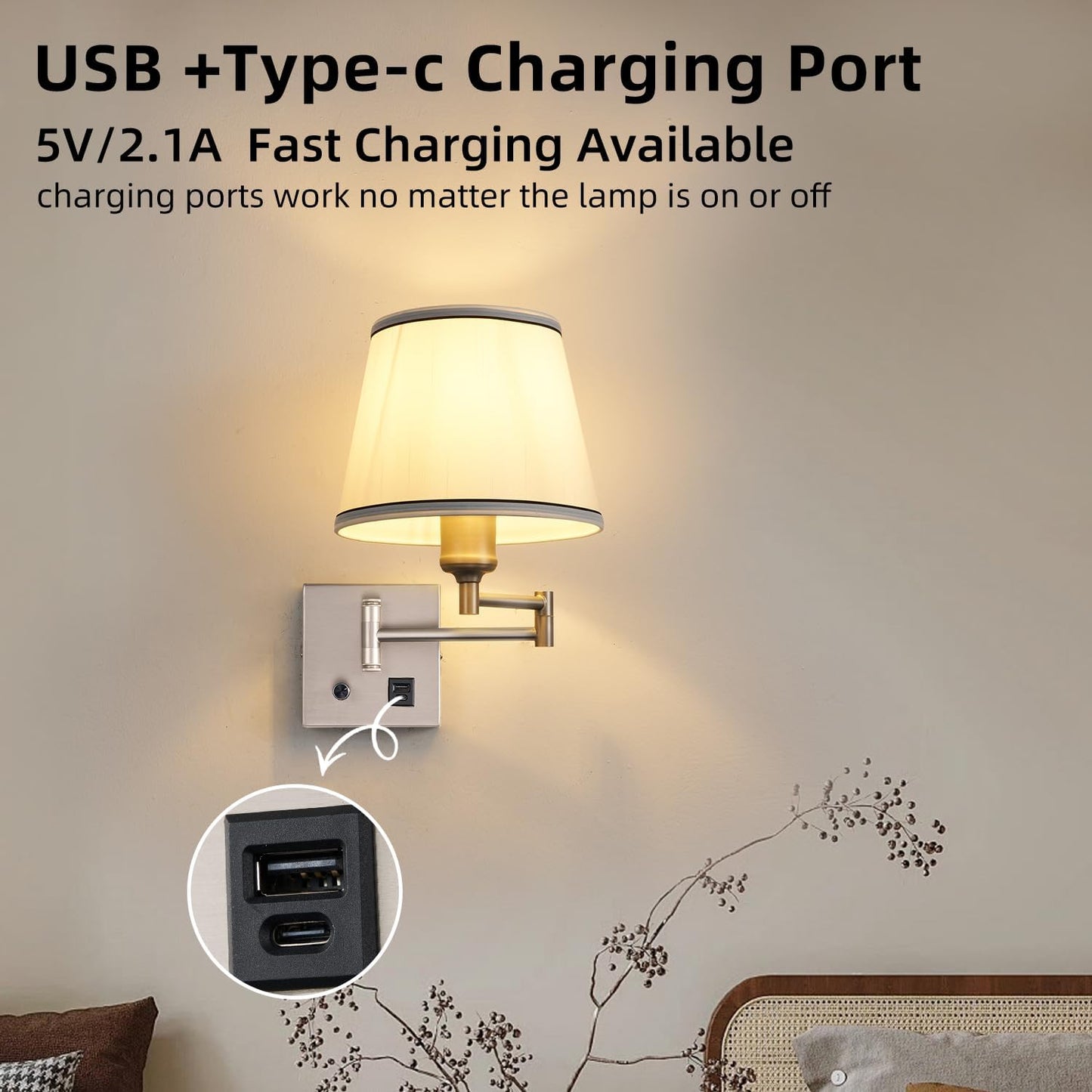 Swing Arm Wall Lamp with Type-C and USB Charging Port Wall Mounted Lamp with Dimmable Switch Plug in Wall Sconces White Fabric Shade Perfect for Bedside Living Room Reading Nook Office Satin Nickel