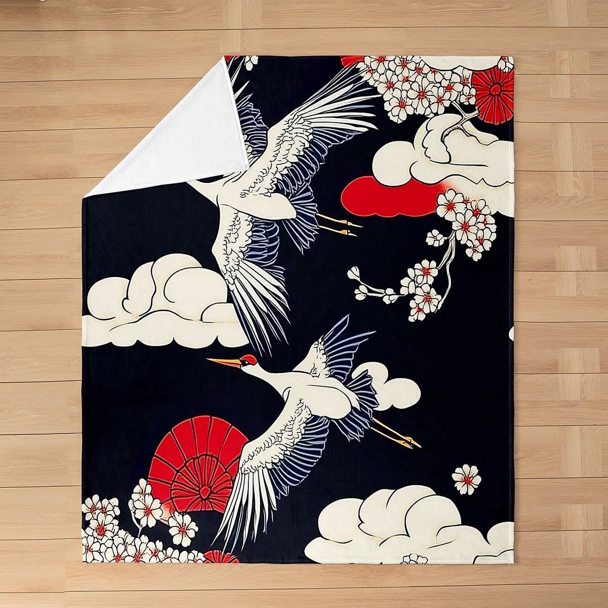 Feelyou Crane All Season,Bed Blanket for Sofa Couch Throw 50"x60" Cherry Blossoms Plush Throw Blanket, Ultra Soft Japanese-Style Flannel Fleece Blanket Exotic Room Decor Wave