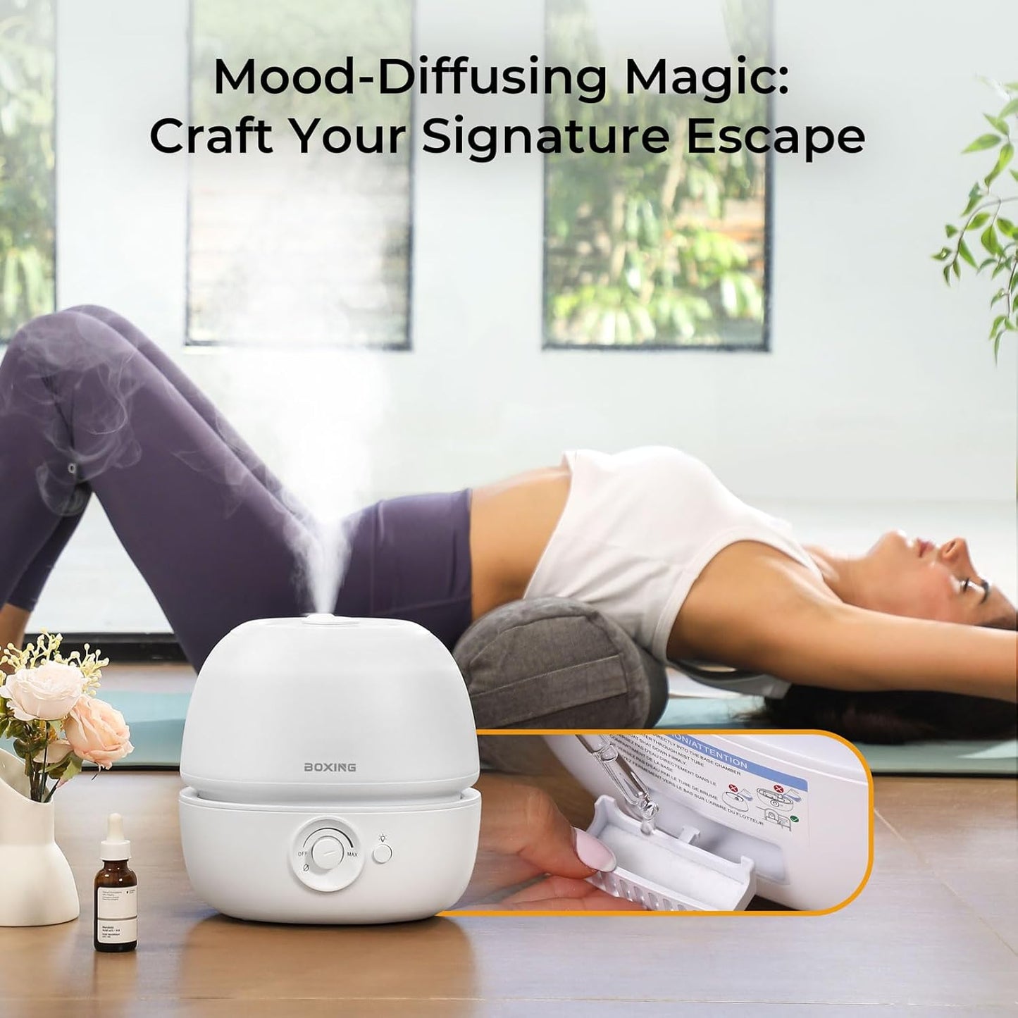 BOXING 3L Cool Mist Humidifier, Ultra Quiet 20dB for Bedroom, Baby & Office, Top Fill Air Humidifier for Home Office & Indoor Plants, 30H Runtime, Essential Oil Tray, Night Light, BPA-Free, White
