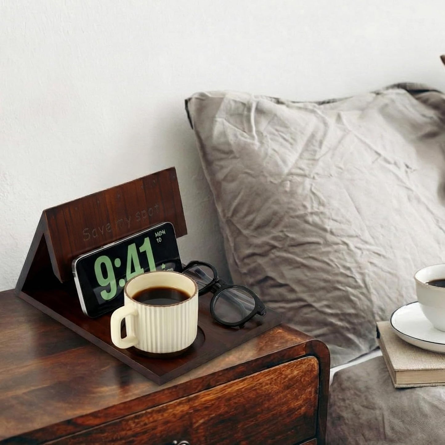 Triangle Book Holder Triangle Wooden Bookholder with Cup Stand Phone Glasses Holder Acacia Reading Valet Bookholder for Bedroom, Nightstand or Office Desk, Home Library, Gift for Book Lover
